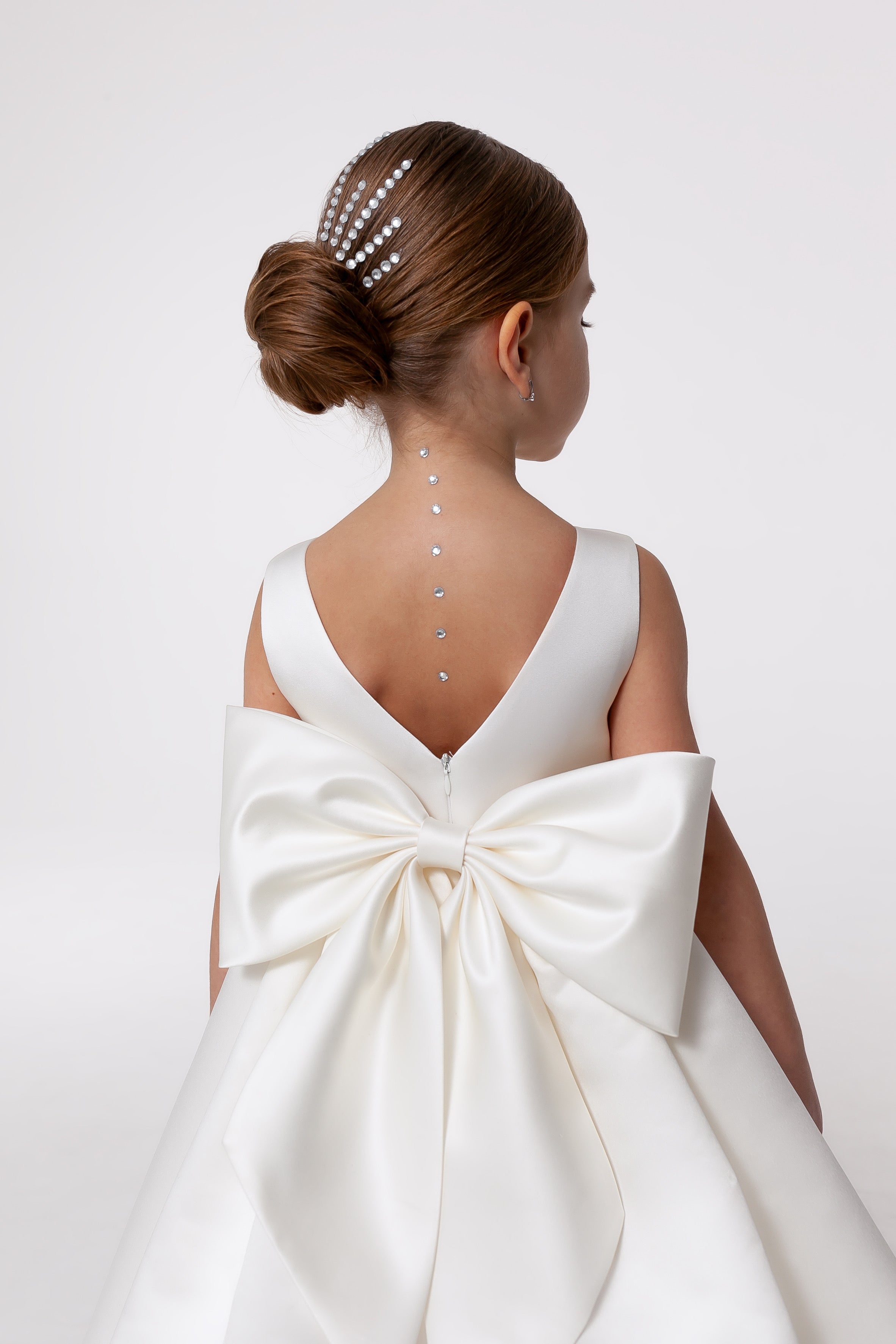 Satin Flower Girl Satin Dress with Bow Back – Elegant High Neck Girls Wedding Dress, Baby Girl Formal Dress
