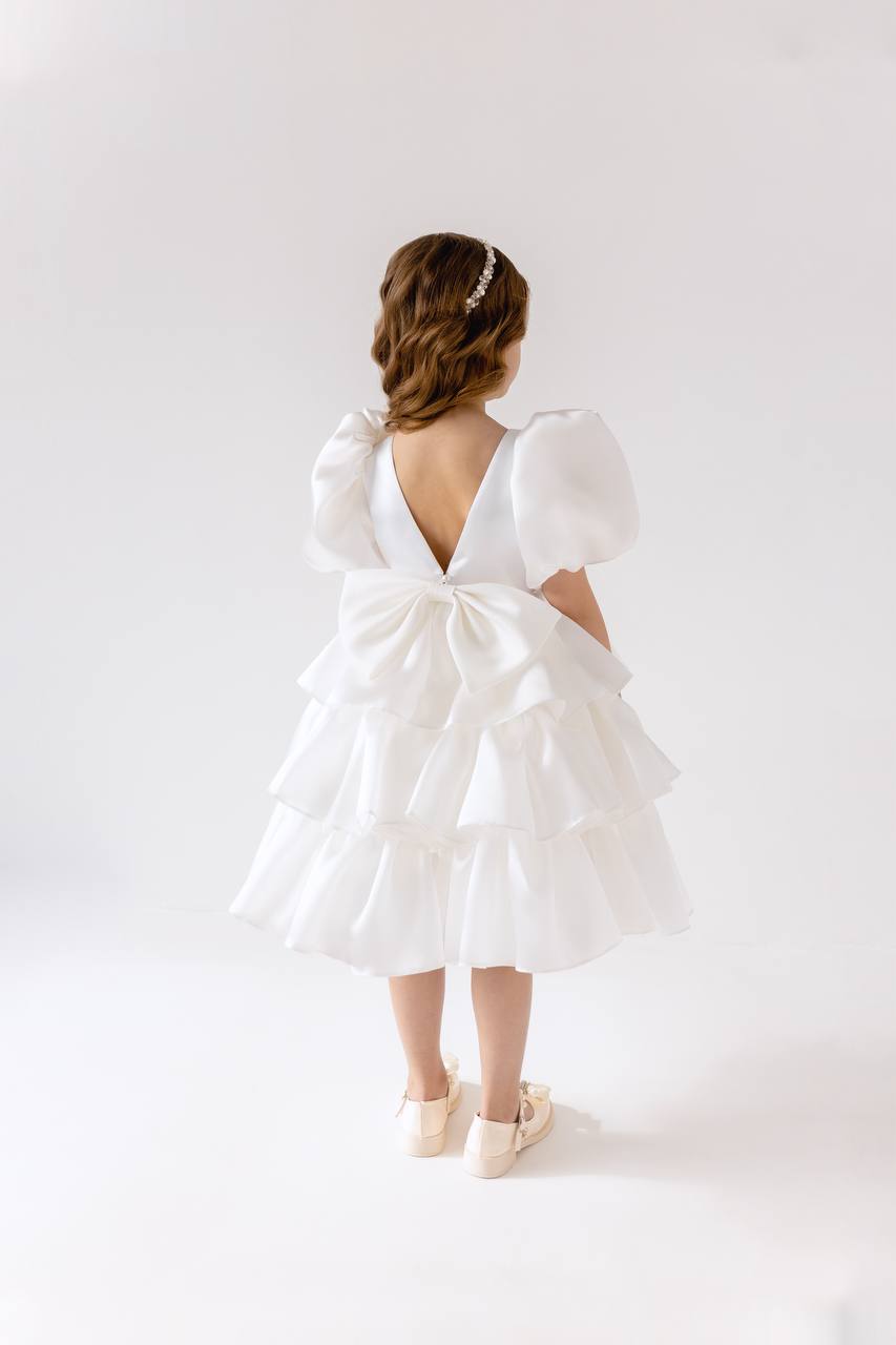 Organza Flower Girl Satin Dress with Bow Back – Elegant High Neck Girls Wedding Dress, Baby Girl Formal Dress