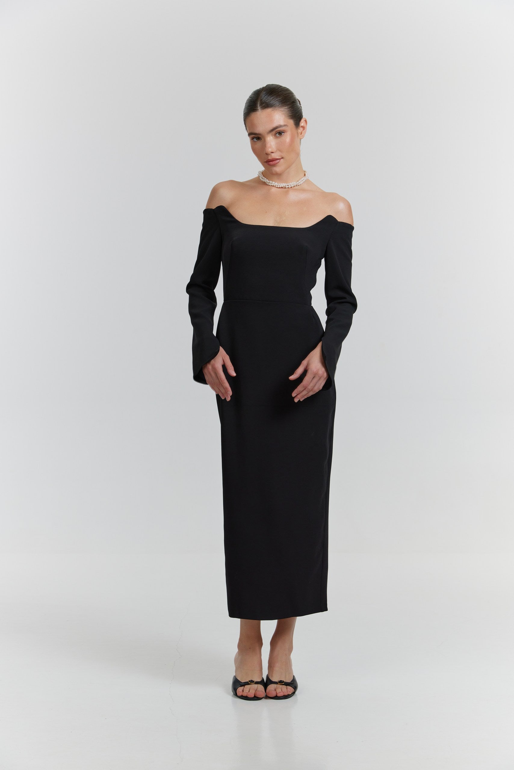 Simple Long Sleeve Midi Wedding Dress: Off-White Minimalist Crepe Bridal Gown