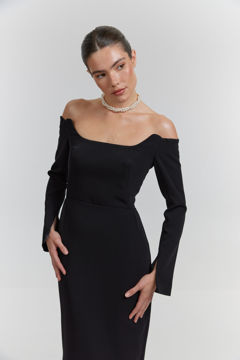 Simple Long Sleeve Midi Wedding Dress: Off-White Minimalist Crepe Bridal Gown