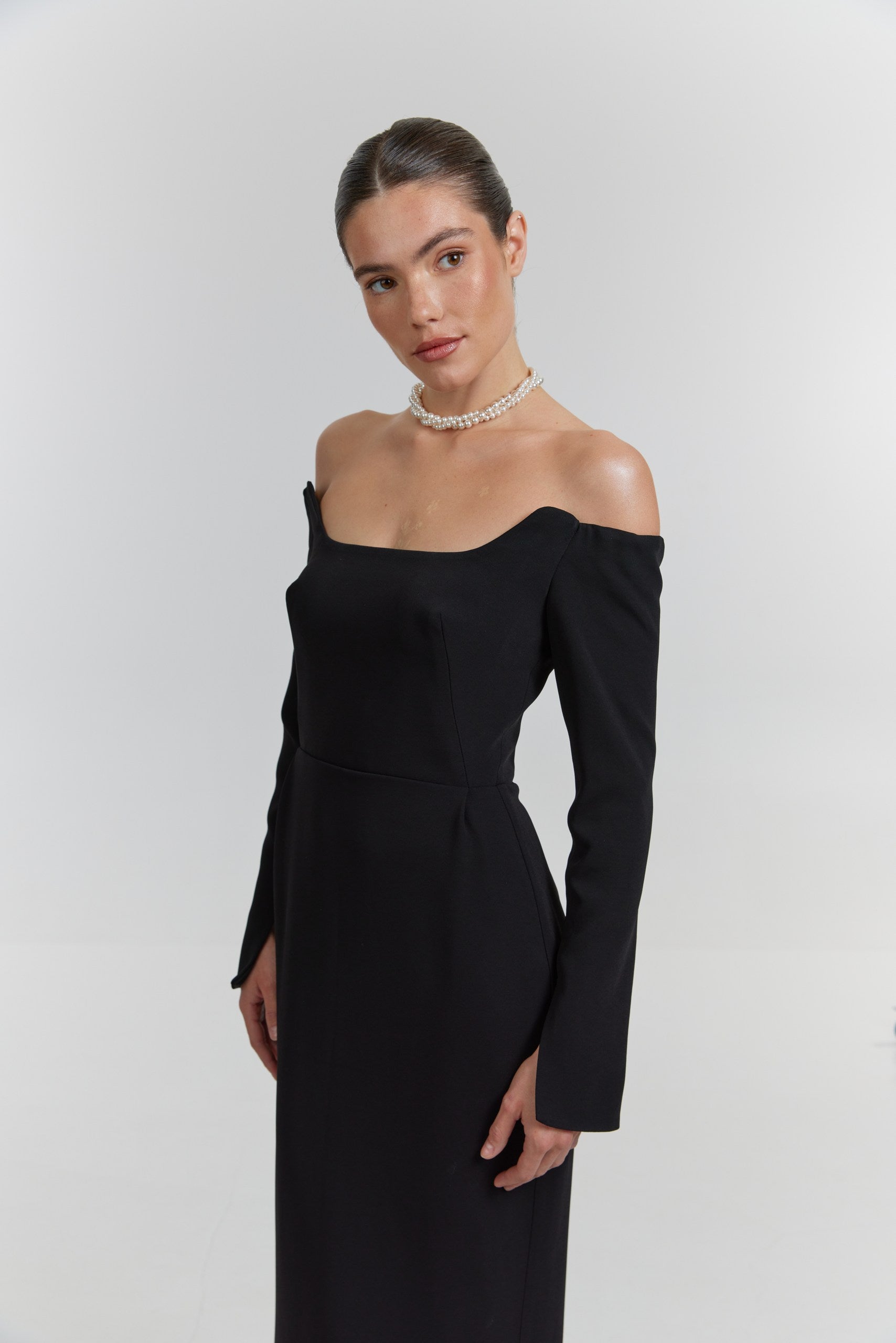 Simple Long Sleeve Midi Wedding Dress: Off-White Minimalist Crepe Bridal Gown