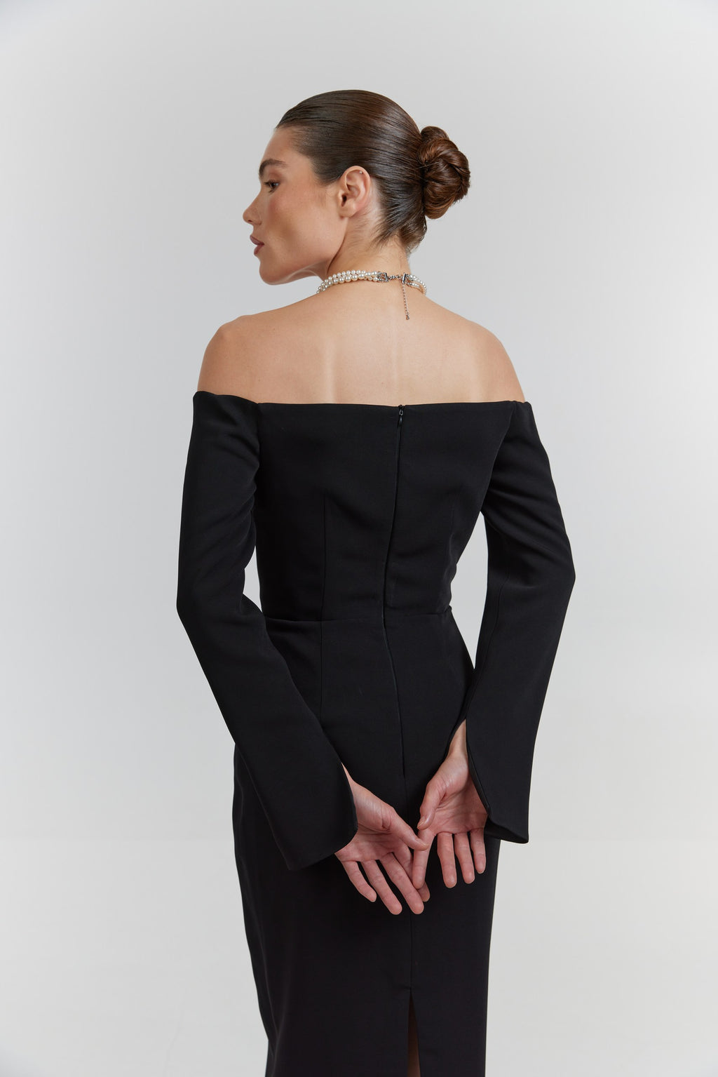 Simple Long Sleeve Midi Wedding Dress: Off-White Minimalist Crepe Bridal Gown