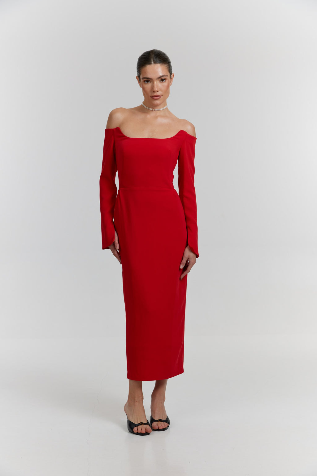 Simple Long Sleeve Midi Wedding Dress: Off-White Minimalist Crepe Bridal Gown