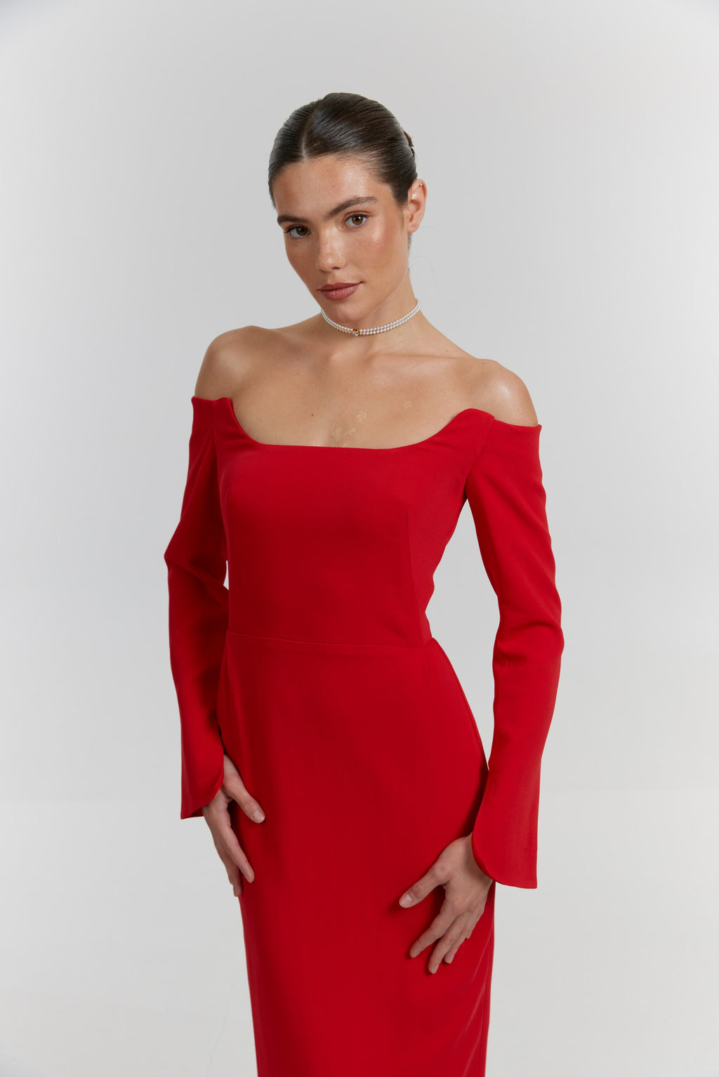 Simple Long Sleeve Midi Wedding Dress: Off-White Minimalist Crepe Bridal Gown