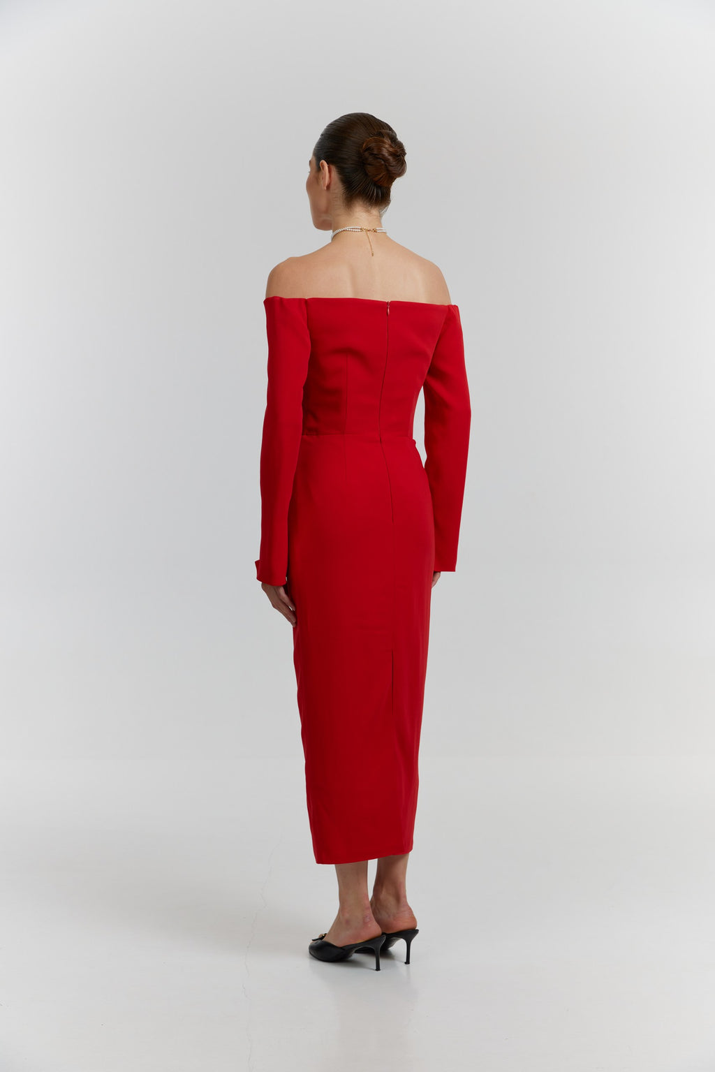 Simple Long Sleeve Midi Wedding Dress: Off-White Minimalist Crepe Bridal Gown