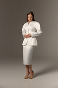 Off-White Satin Bridal Two Piece Suit Strapless Column Dress with Structured Blazer