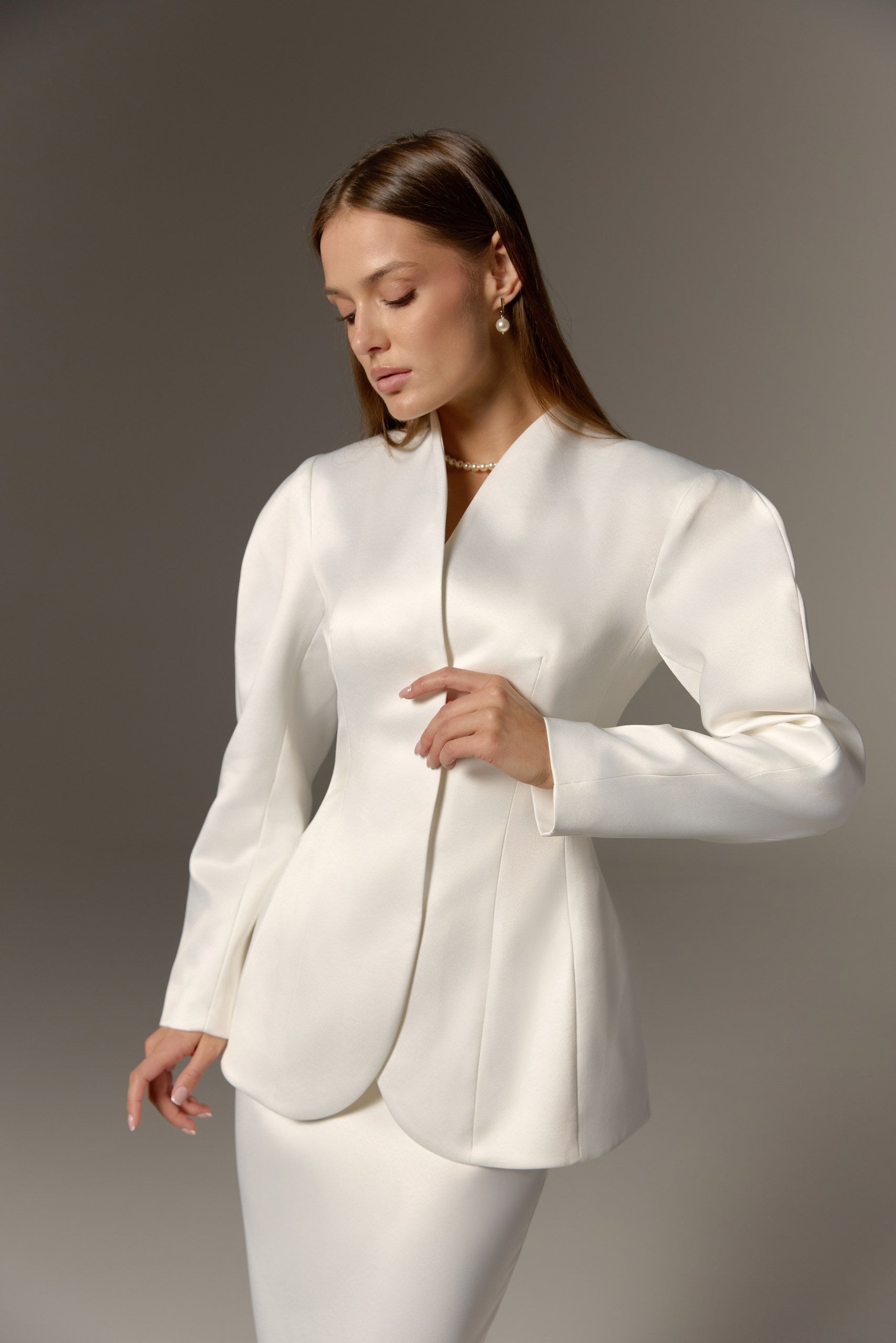 Off-White Satin Bridal Two Piece Suit Strapless Column Dress with Structured Blazer