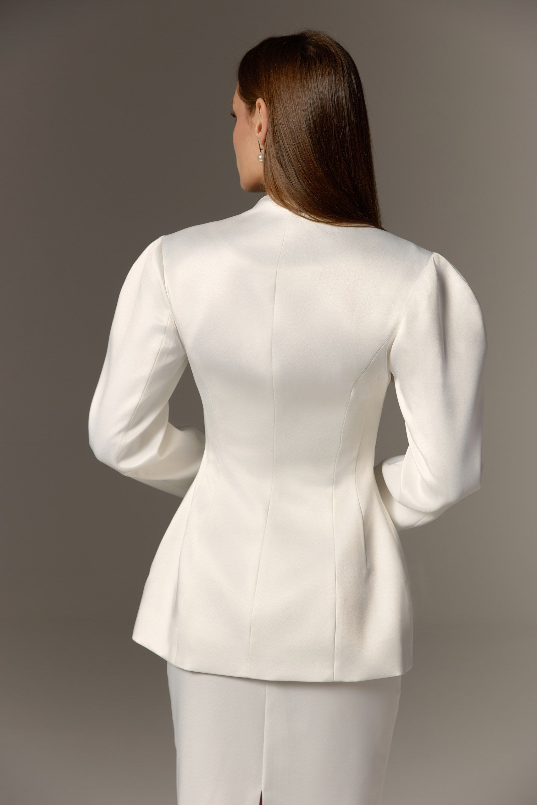 Off-White Satin Bridal Two Piece Suit Strapless Column Dress with Structured Blazer