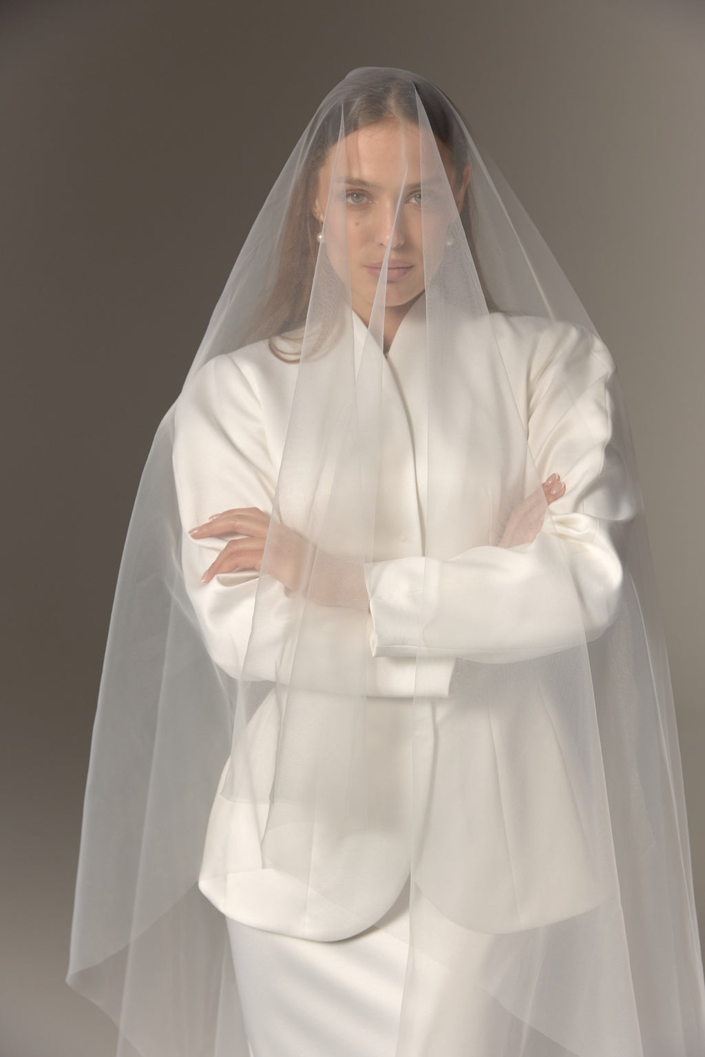 Off-White Satin Bridal Two Piece Suit Strapless Column Dress with Structured Blazer