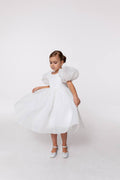 Elegant Off-White Organza Midi Flower Girl Dress with Puff Sleeves, High Neck Girls Wedding Dress, Baby Girl Formal Dress