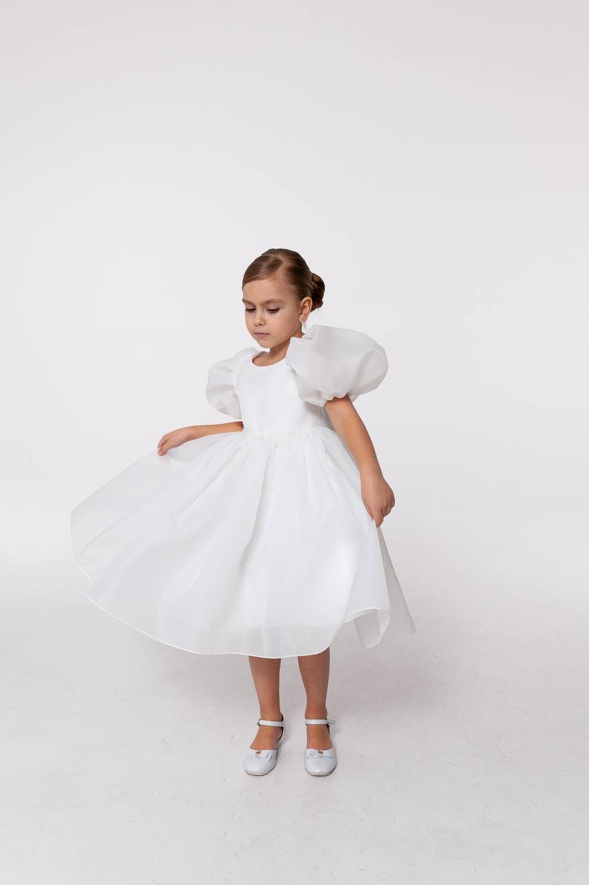 Elegant Off-White Organza Midi Flower Girl Dress with Puff Sleeves, High Neck Girls Wedding Dress, Baby Girl Formal Dress