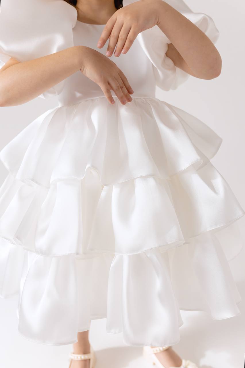 Organza Flower Girl Satin Dress with Bow Back – Elegant High Neck Girls Wedding Dress, Baby Girl Formal Dress