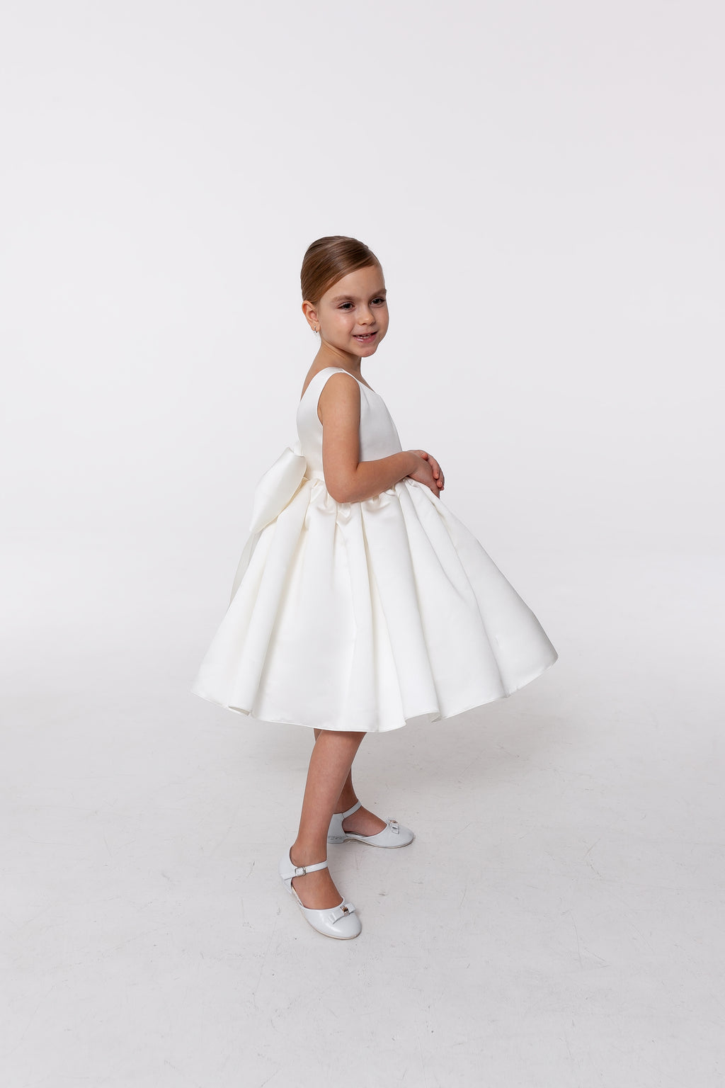 Satin Flower Girl Satin Dress with Bow Back – Elegant High Neck Girls Wedding Dress, Baby Girl Formal Dress