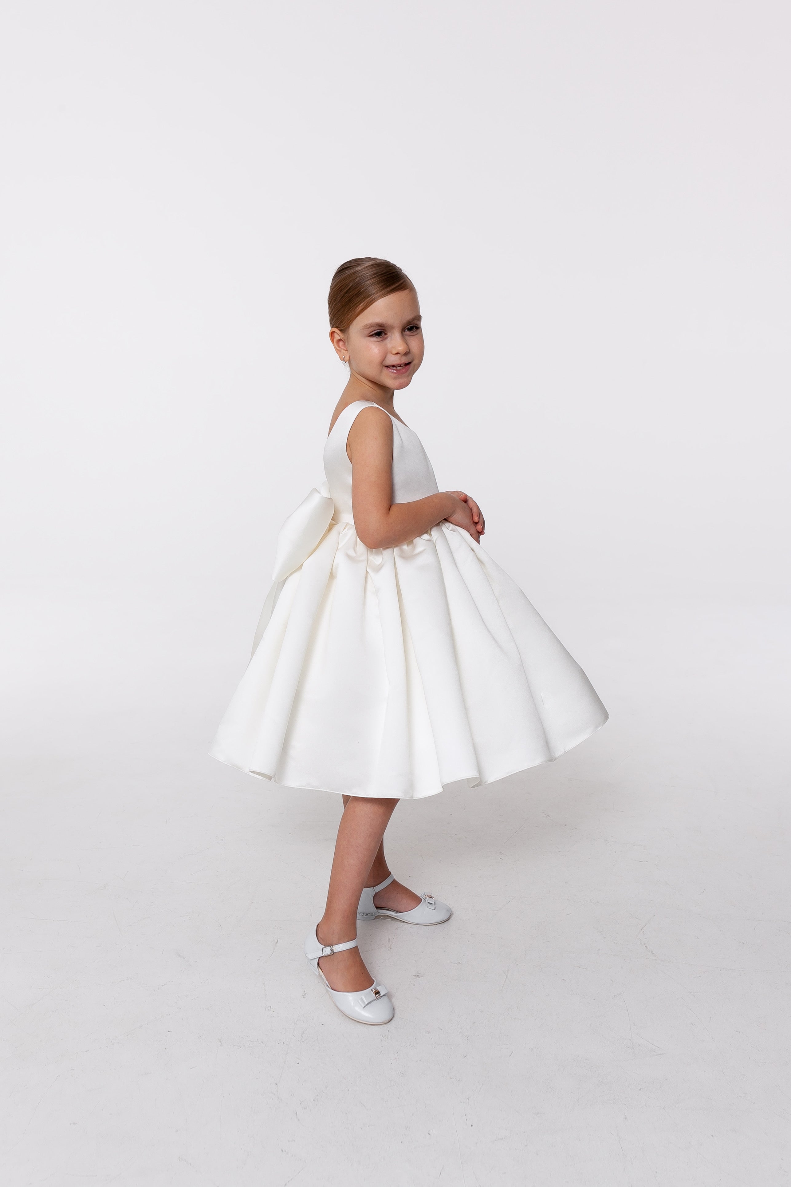 Satin Flower Girl Satin Dress with Bow Back – Elegant High Neck Girls Wedding Dress, Baby Girl Formal Dress