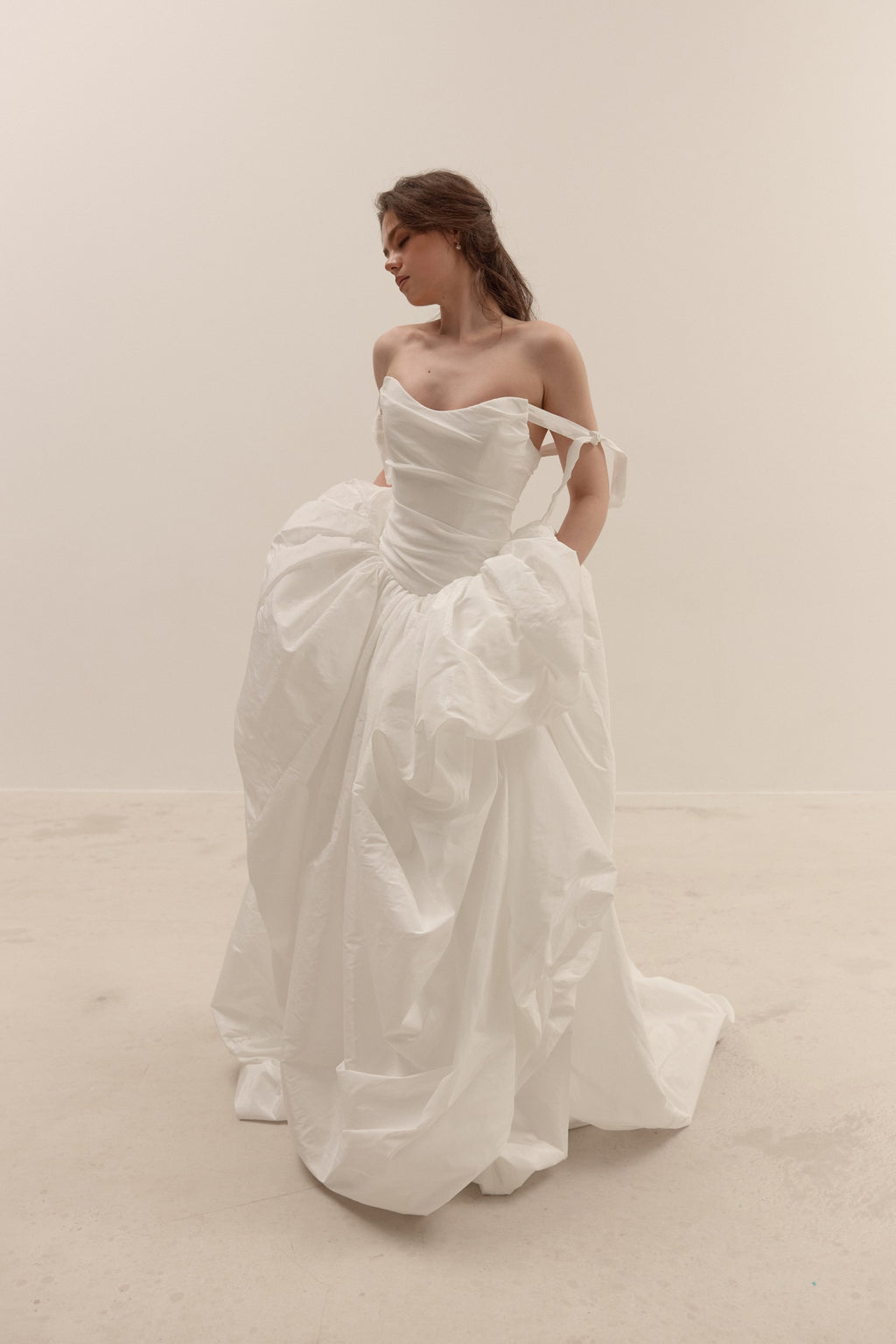 Taffeta Wedding Dress with Removable Off-Shoulder Straps: Ethereal Corset Ball Gown