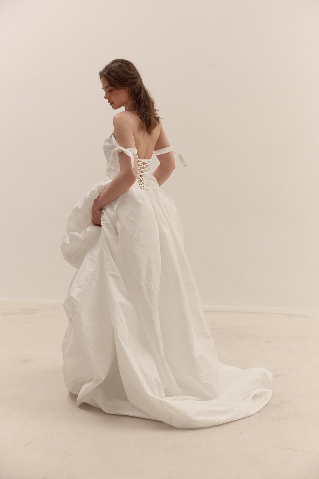 Taffeta Wedding Dress with Removable Off-Shoulder Straps: Ethereal Corset Ball Gown