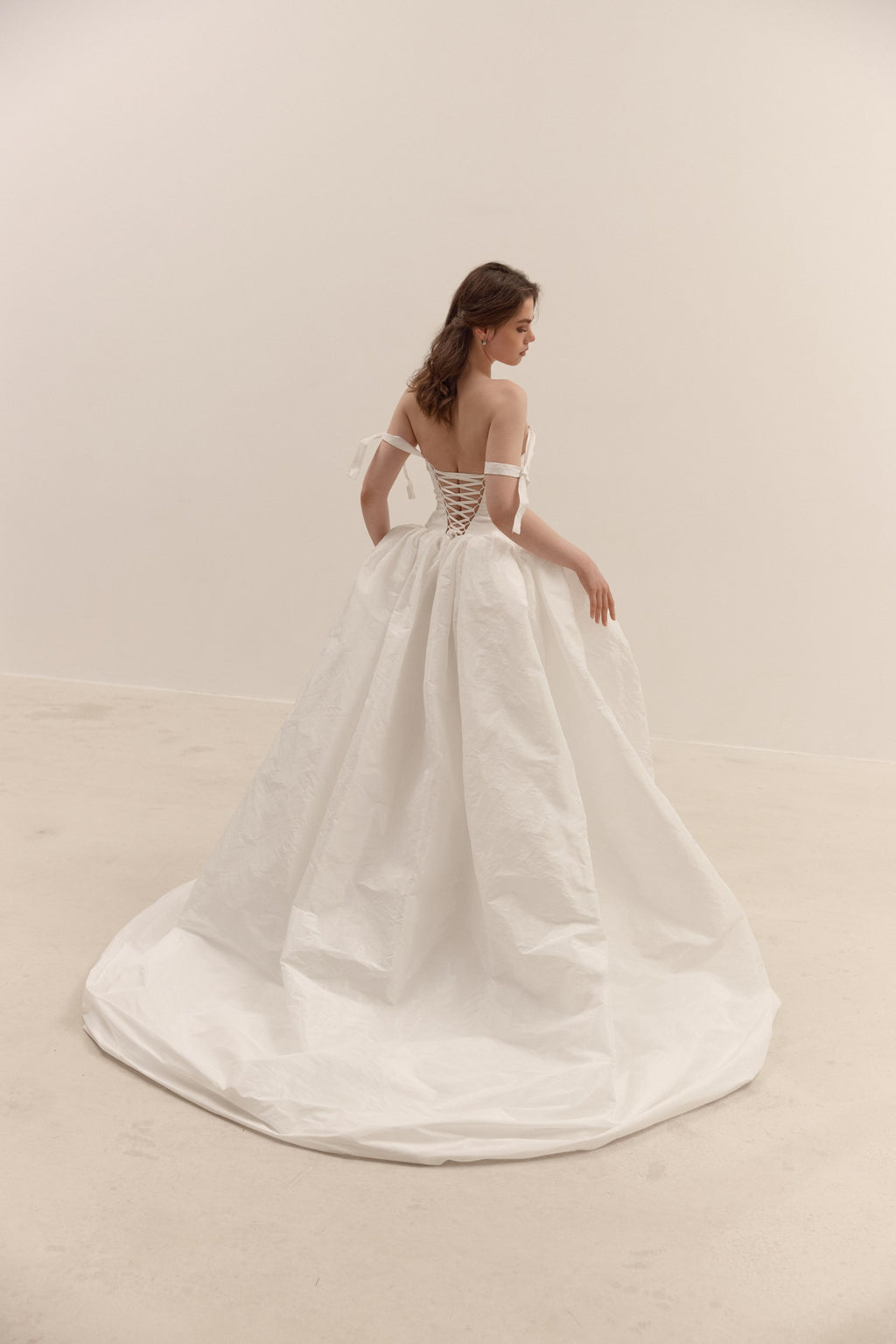 Taffeta Wedding Dress with Removable Off-Shoulder Straps: Ethereal Corset Ball Gown