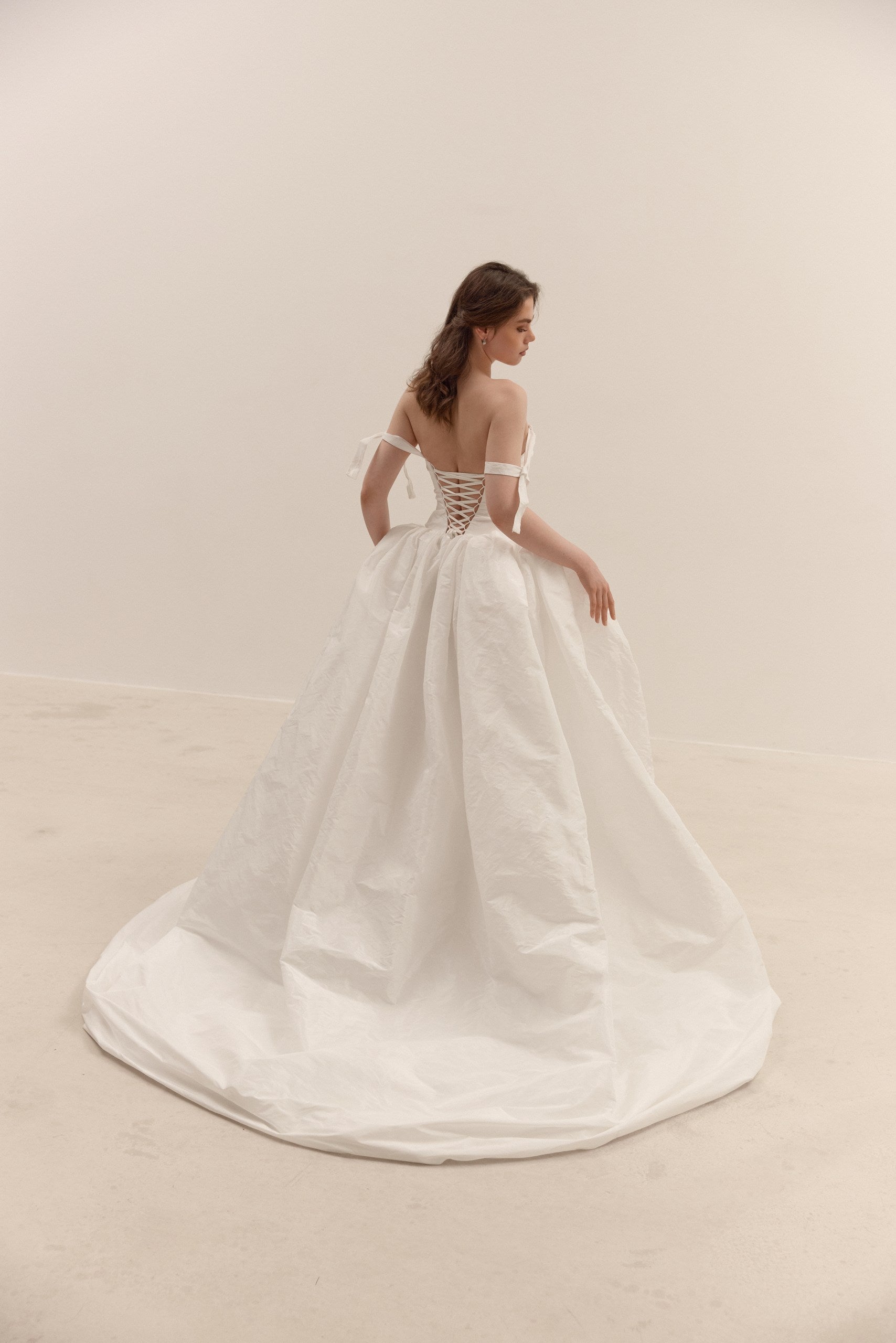 Taffeta Wedding Dress with Removable Off-Shoulder Straps: Ethereal Corset Ball Gown