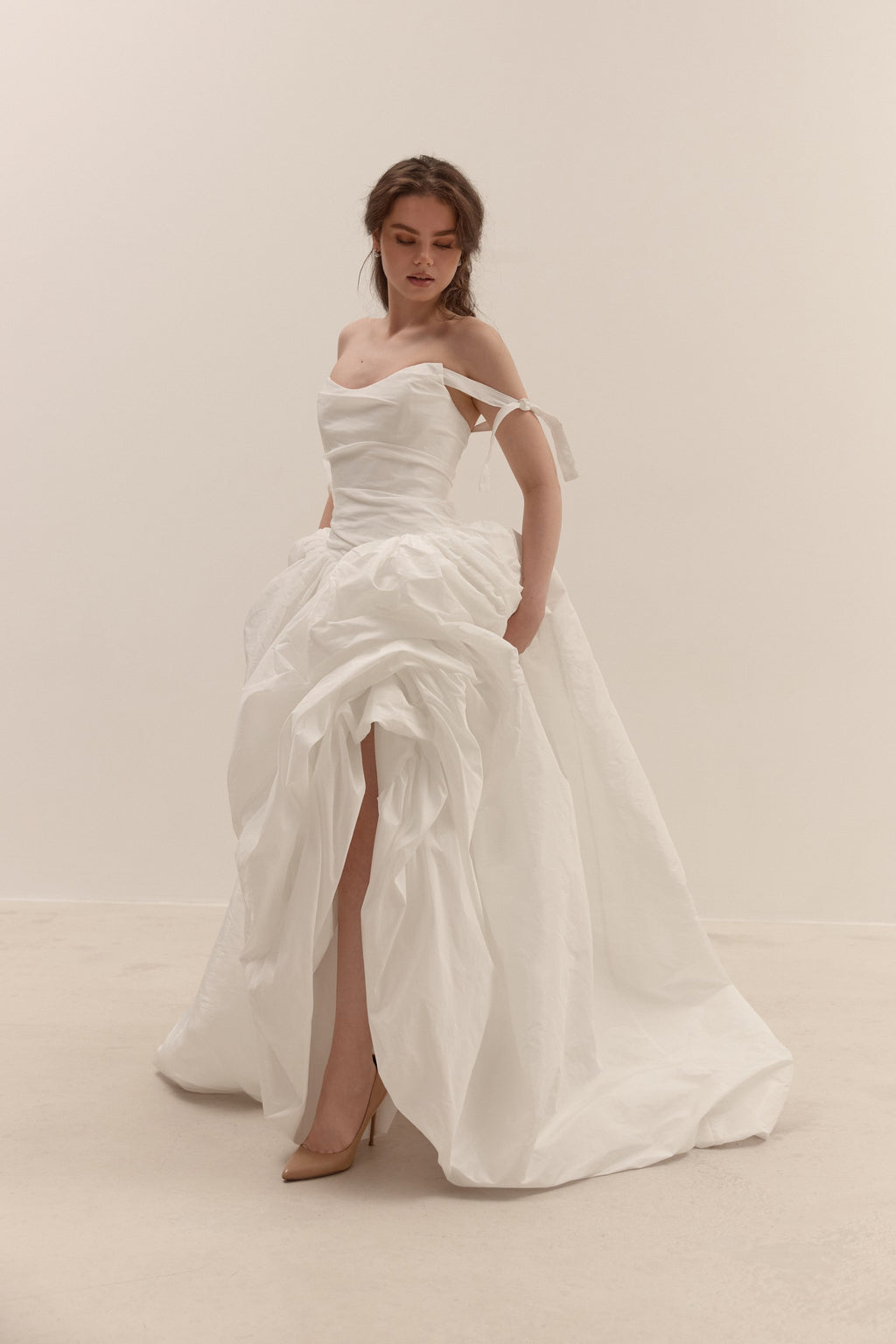 Taffeta Wedding Dress with Removable Off-Shoulder Straps: Ethereal Corset Ball Gown
