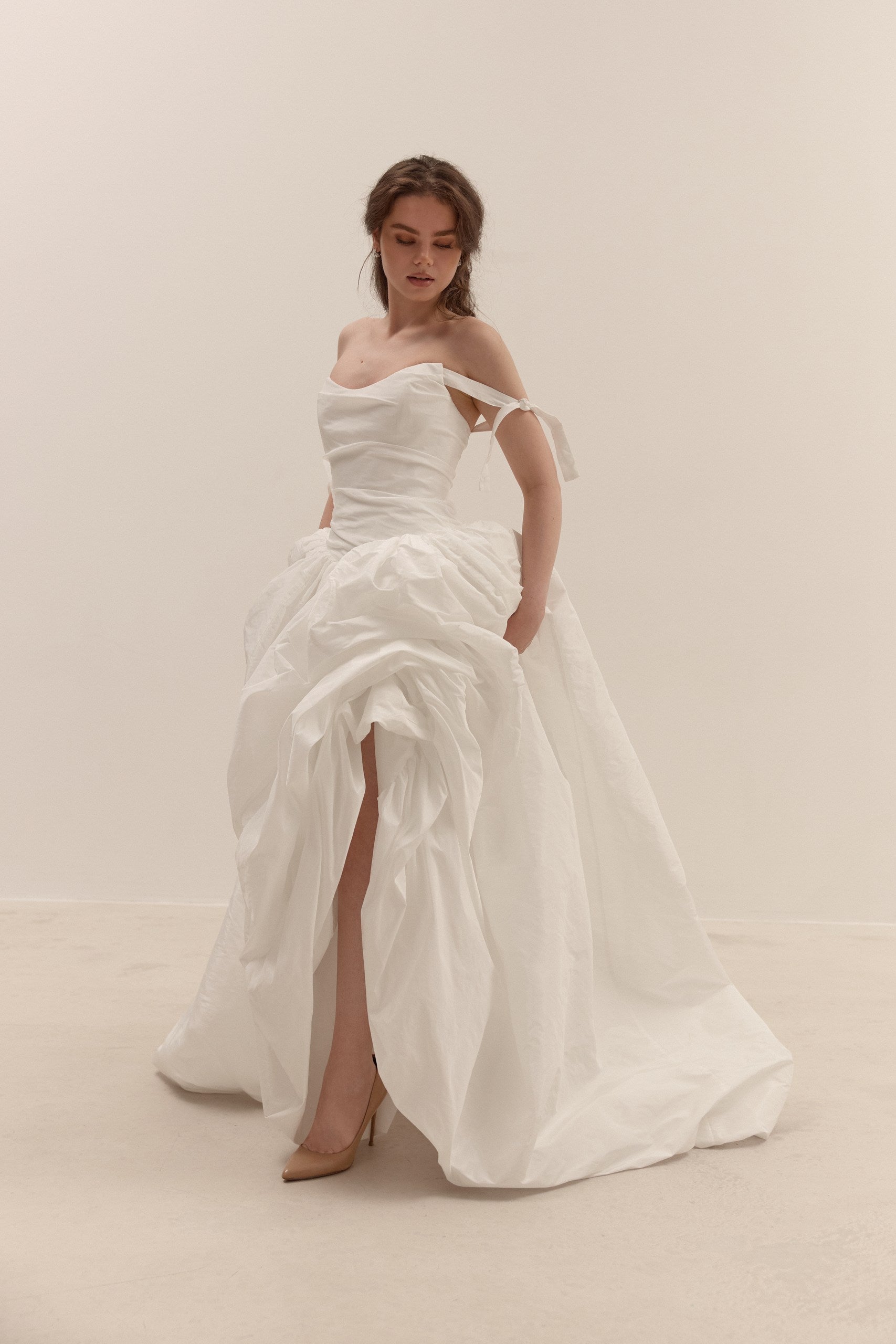 Taffeta Wedding Dress with Removable Off-Shoulder Straps: Ethereal Corset Ball Gown