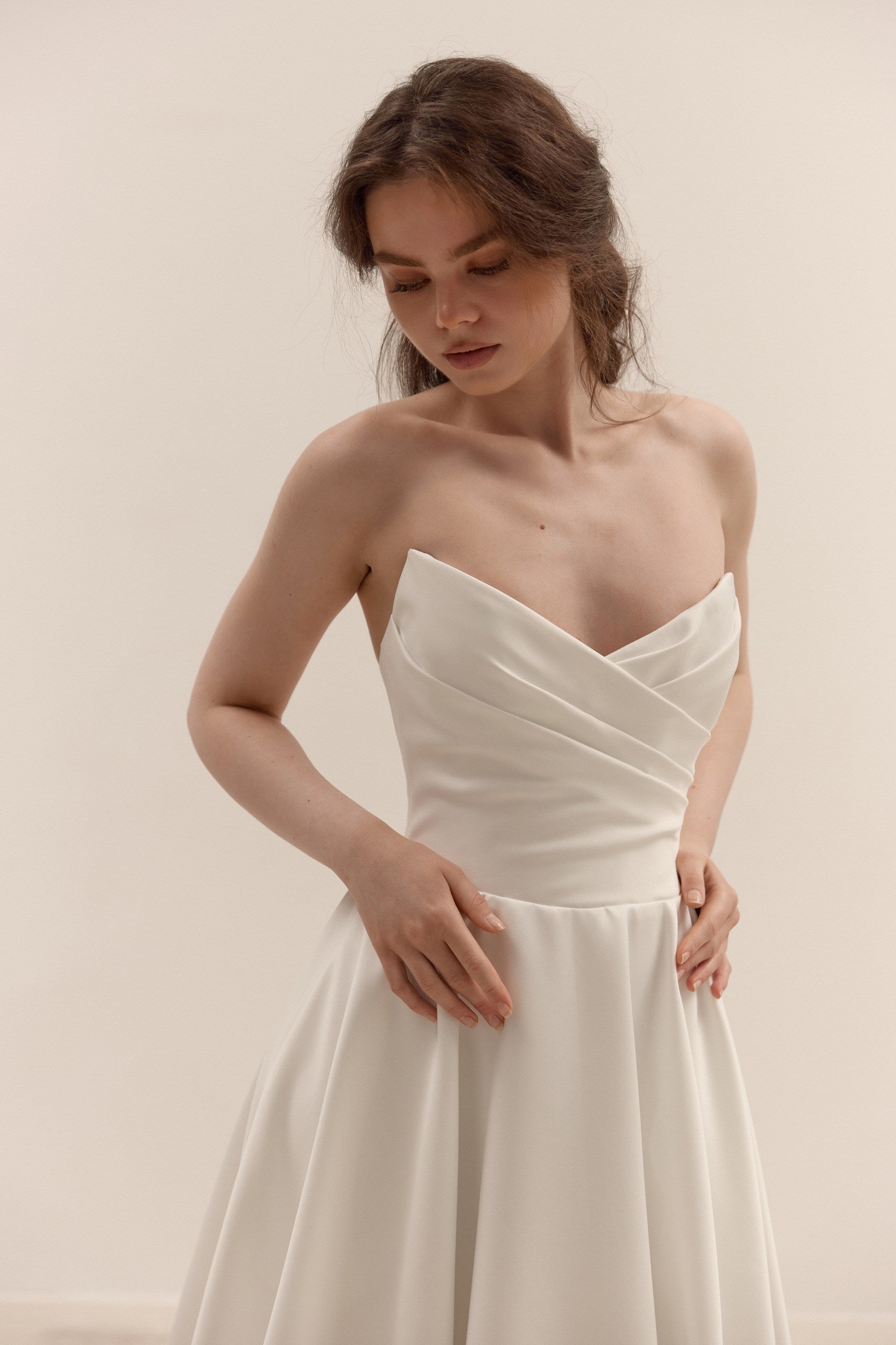 Matte Satin A-Line Wedding Dress with Lace-Up Corset | Minimalist Bridal Gown with Train