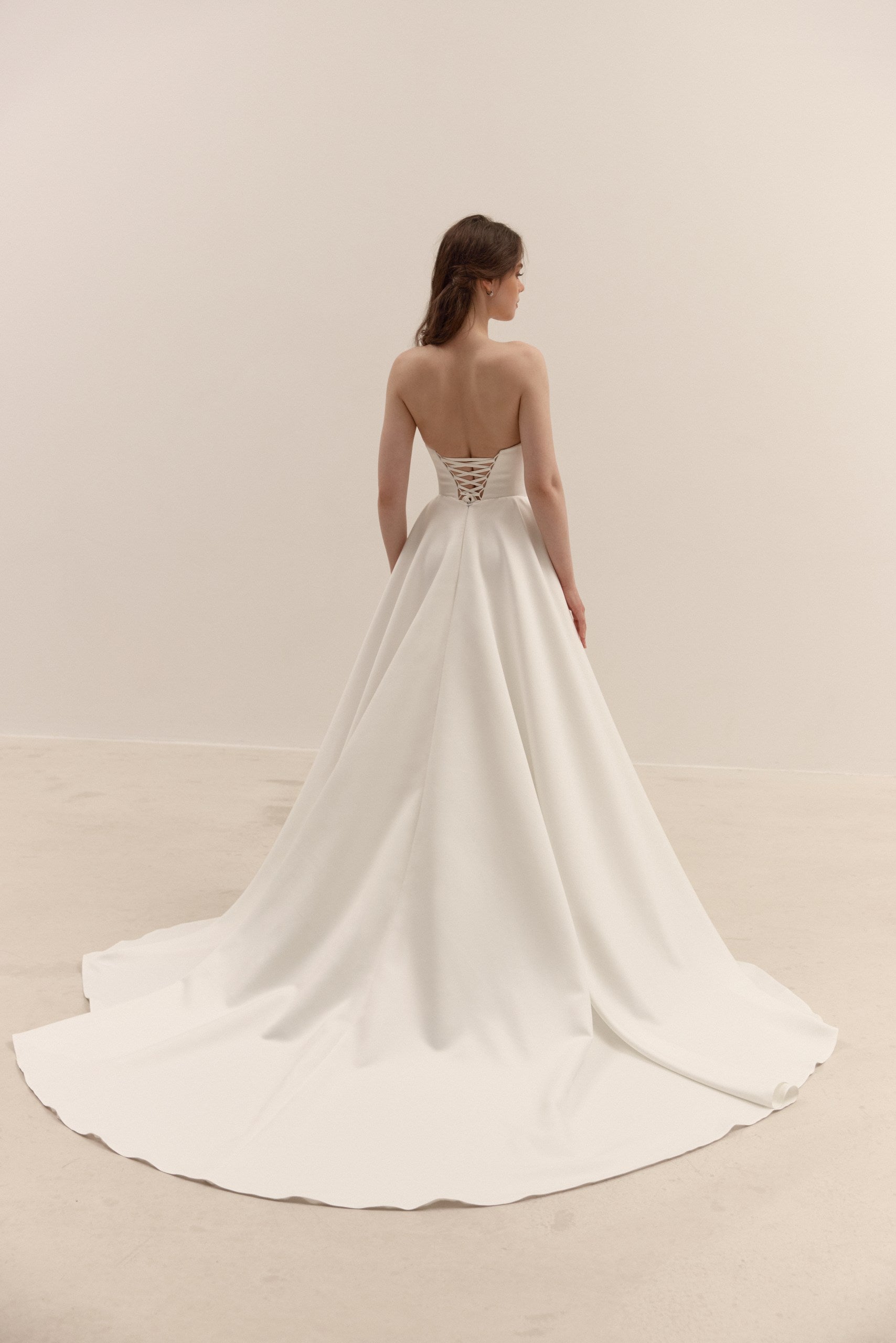 Matte Satin A-Line Wedding Dress with Lace-Up Corset | Minimalist Bridal Gown with Train