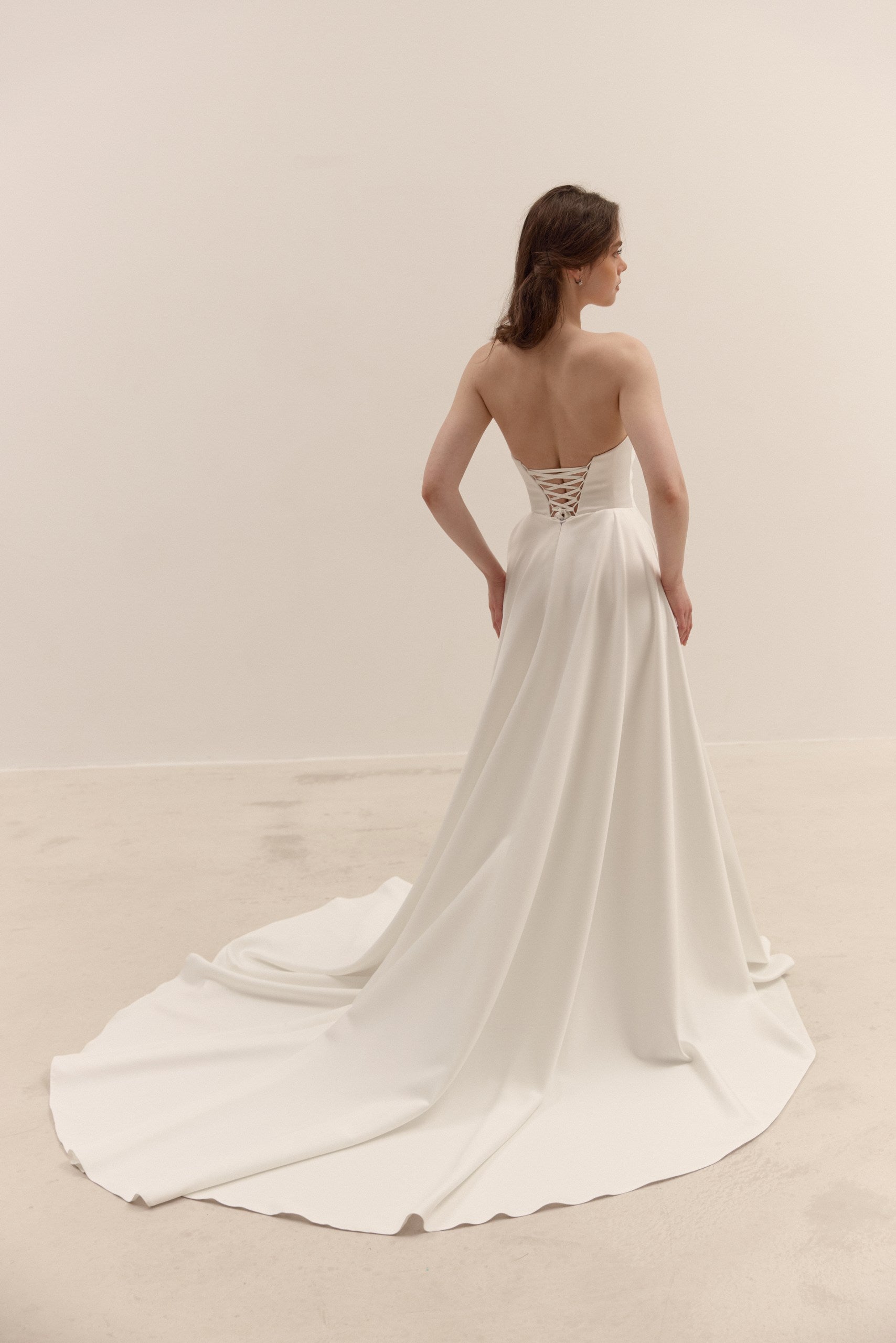 Matte Satin A-Line Wedding Dress with Lace-Up Corset | Minimalist Bridal Gown with Train