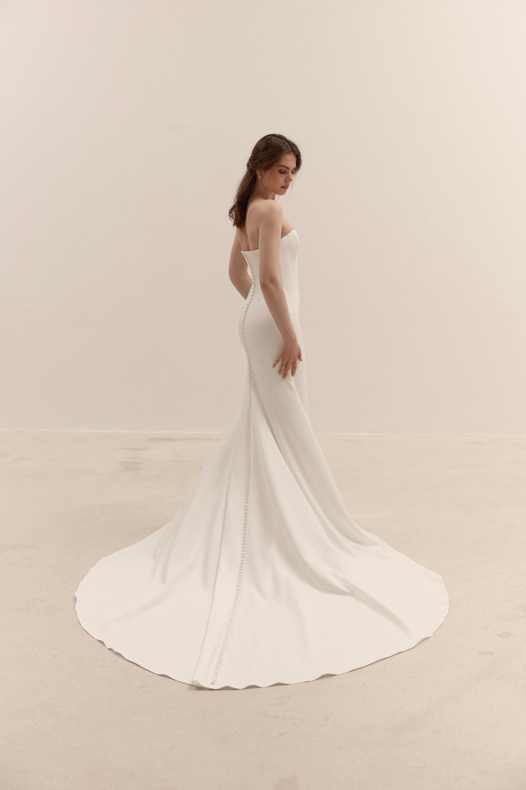 Crepe Corset Wedding Dress | Minimalist Fit and Flare Bridal Gown with Train, Removable Bolero