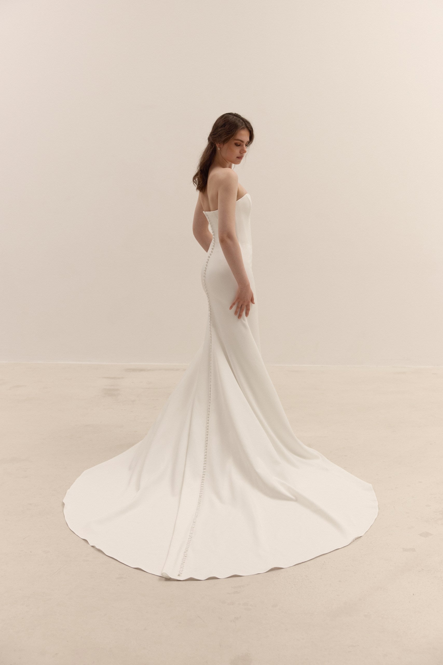 Crepe Corset Wedding Dress | Minimalist Fit and Flare Bridal Gown with Train, Removable Bolero
