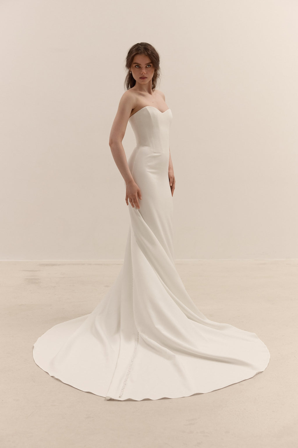 Crepe Corset Wedding Dress | Minimalist Fit and Flare Bridal Gown with Train, Removable Bolero