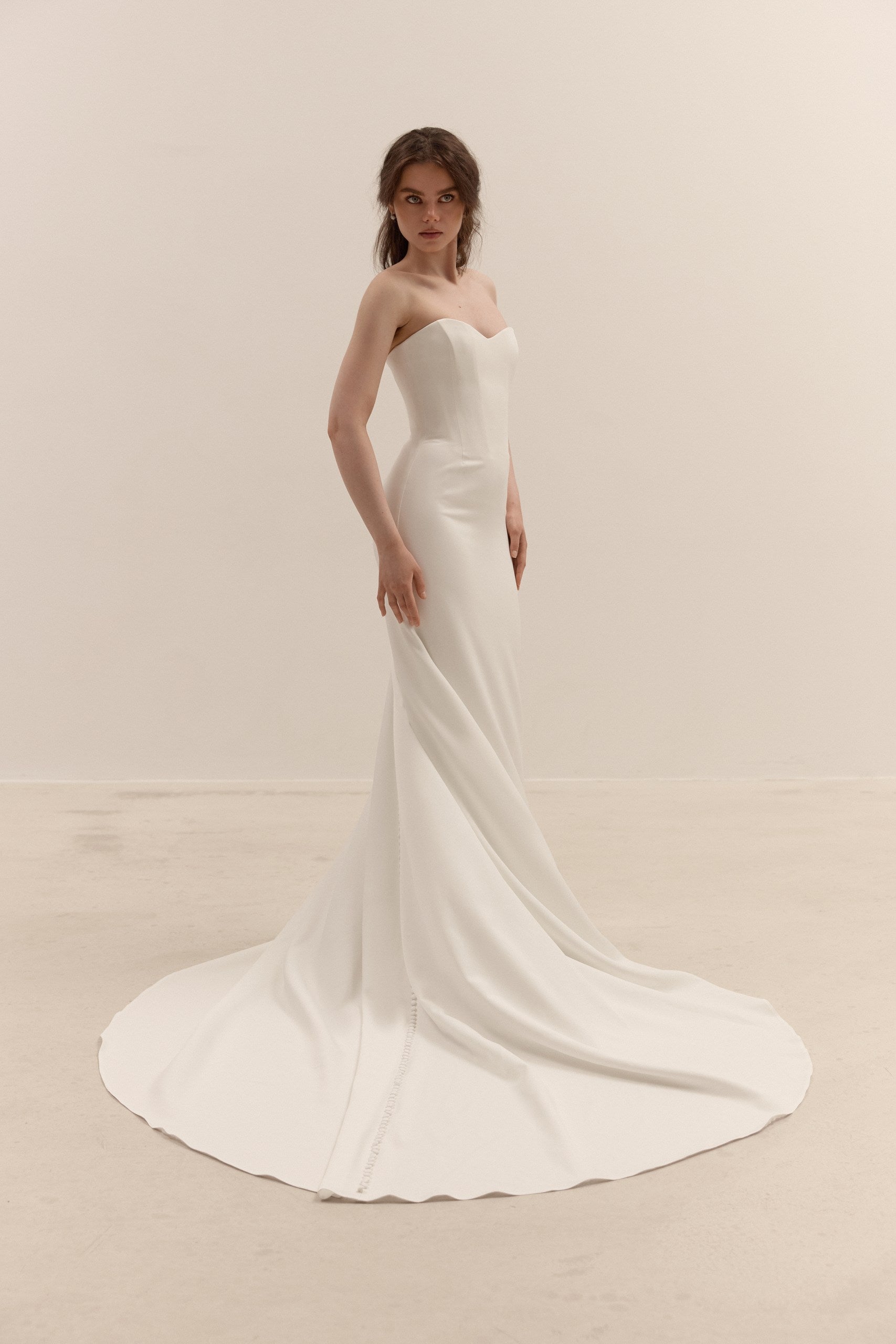 Crepe Corset Wedding Dress | Minimalist Fit and Flare Bridal Gown with Train, Removable Bolero