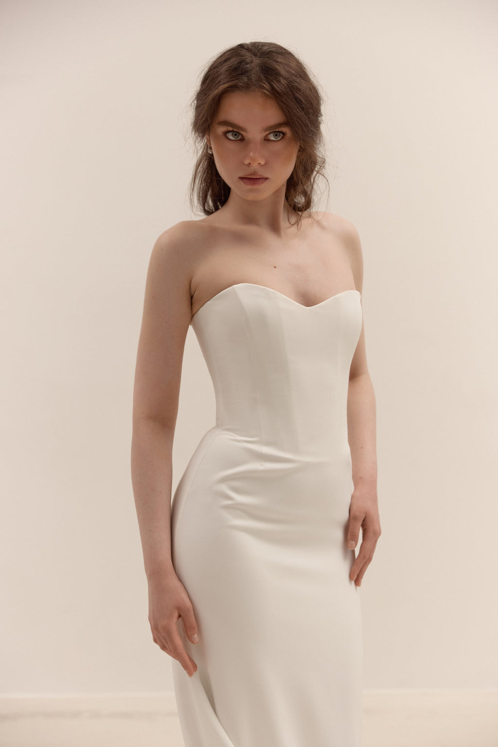 Crepe Corset Wedding Dress | Minimalist Fit and Flare Bridal Gown with Train, Removable Bolero