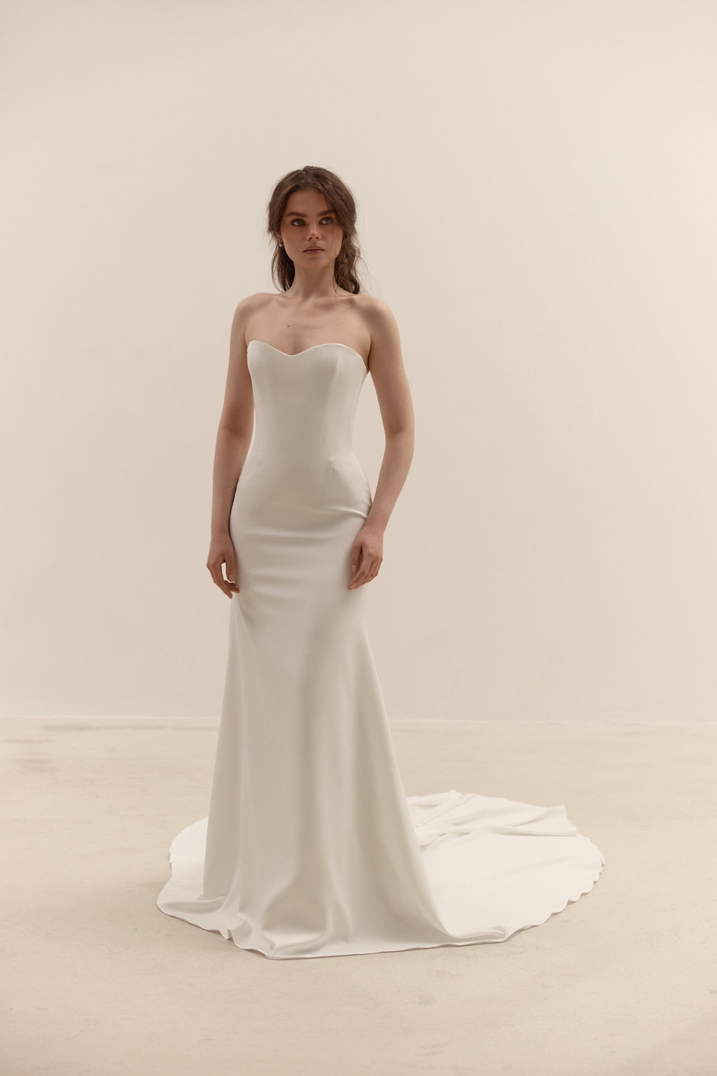 Crepe Corset Wedding Dress | Minimalist Fit and Flare Bridal Gown with Train, Removable Bolero