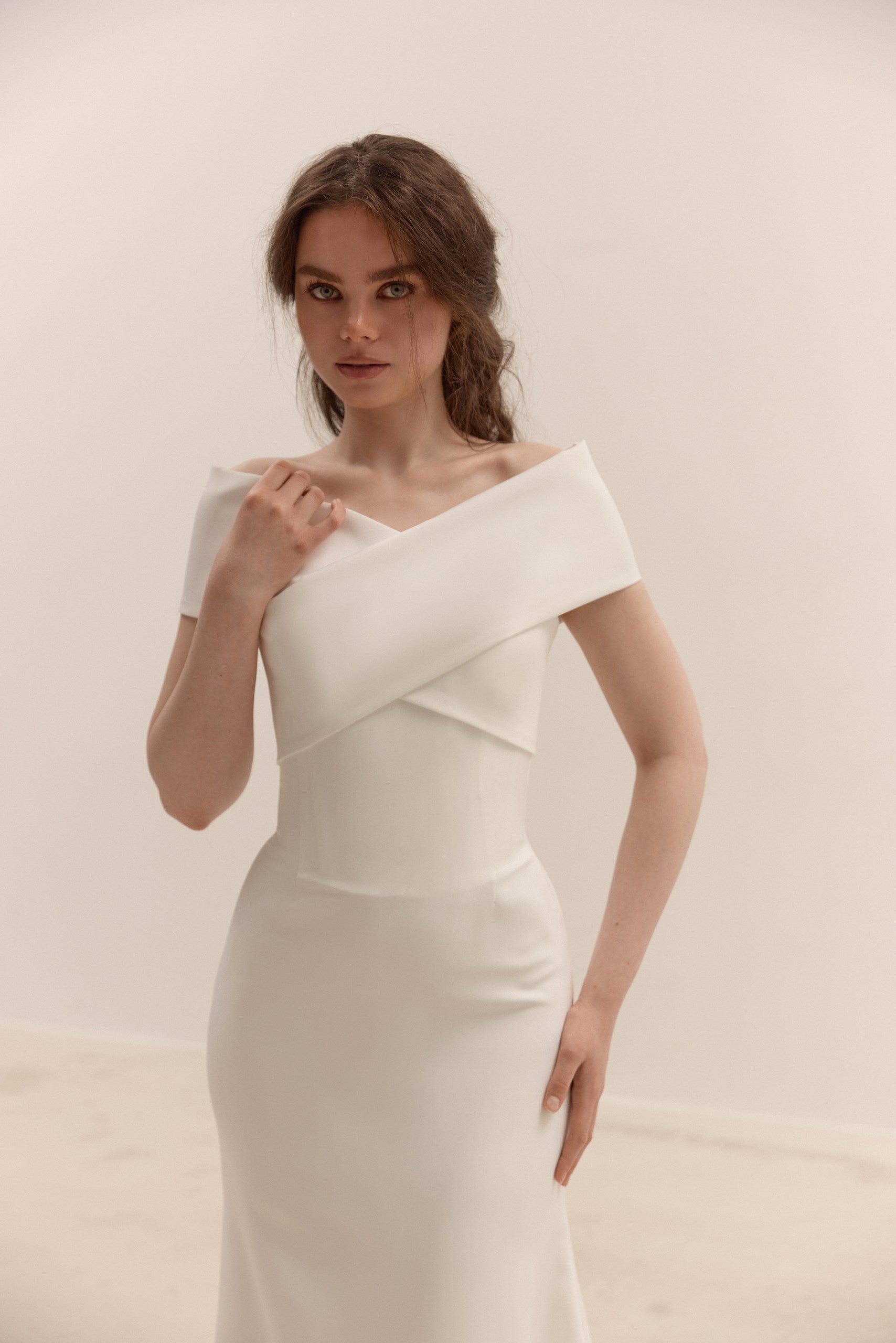 Crepe Corset Wedding Dress | Minimalist Fit and Flare Bridal Gown with Train, Removable Bolero