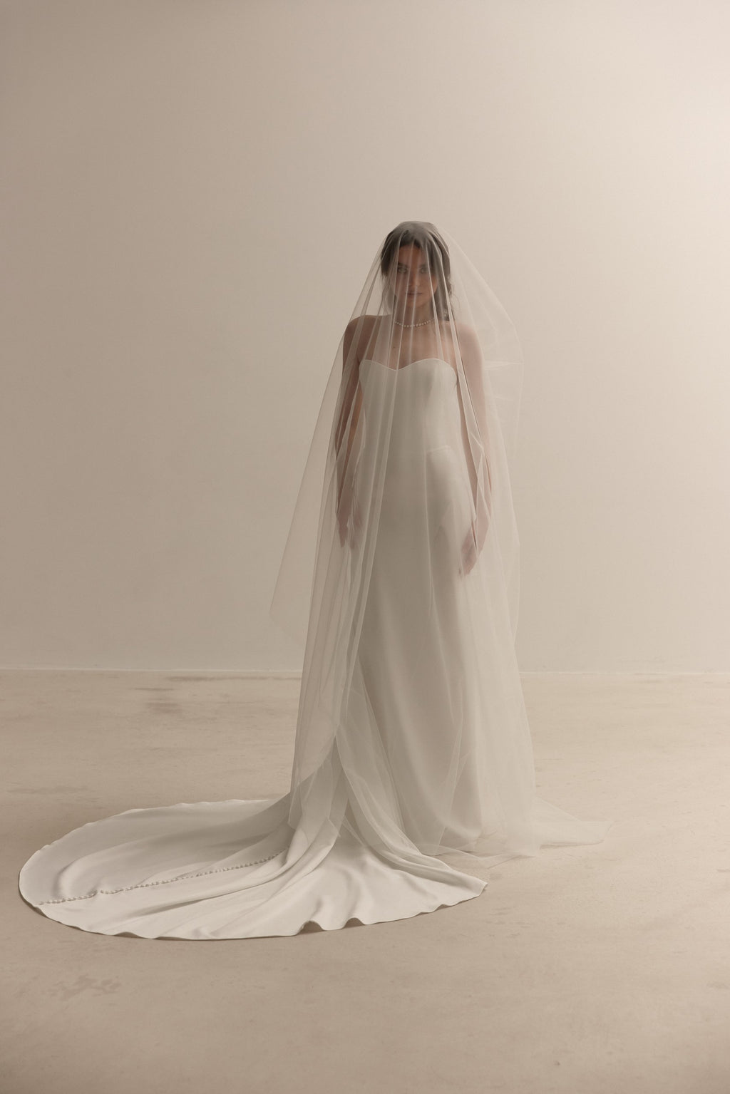 Crepe Corset Wedding Dress | Minimalist Fit and Flare Bridal Gown with Train, Removable Bolero