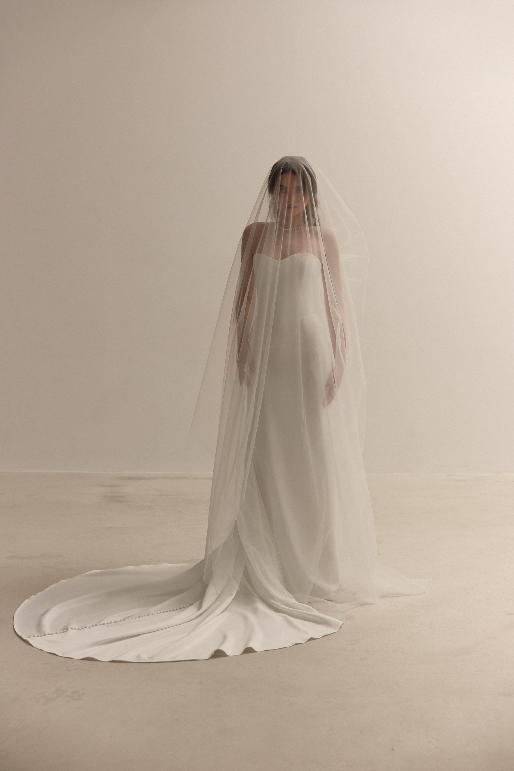 Crepe Corset Wedding Dress | Minimalist Fit and Flare Bridal Gown with Train, Removable Bolero