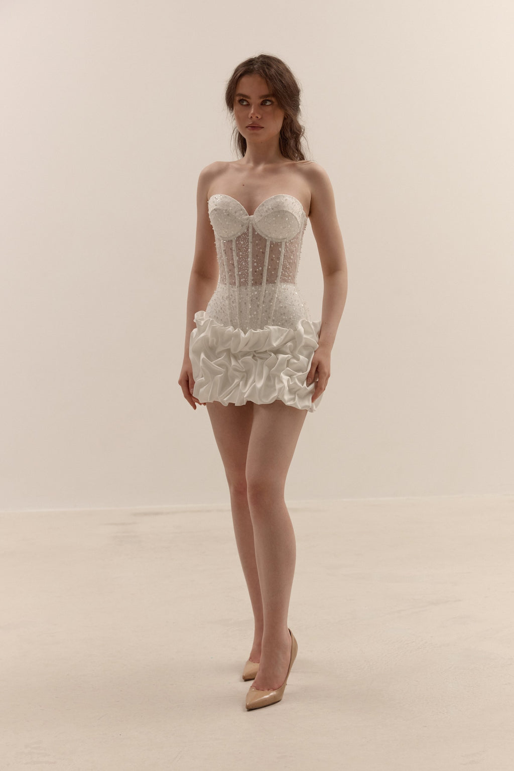 Pearl Corset Mini Dress, Bubble Skirt Bridal Set, Two Piece Wedding Gown, Second Wedding Dress