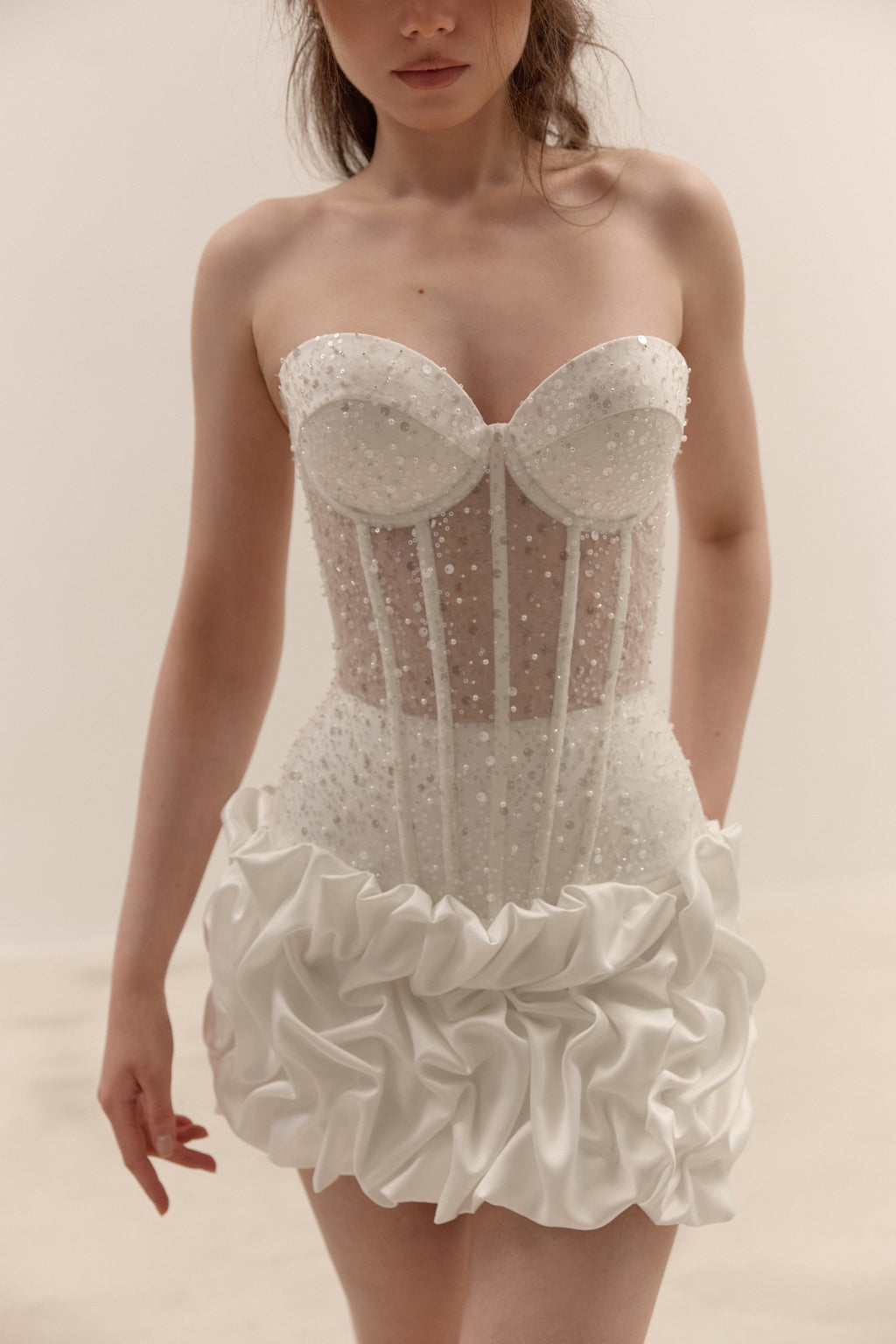 Pearl Corset Mini Dress, Bubble Skirt Bridal Set, Two Piece Wedding Gown, Second Wedding Dress