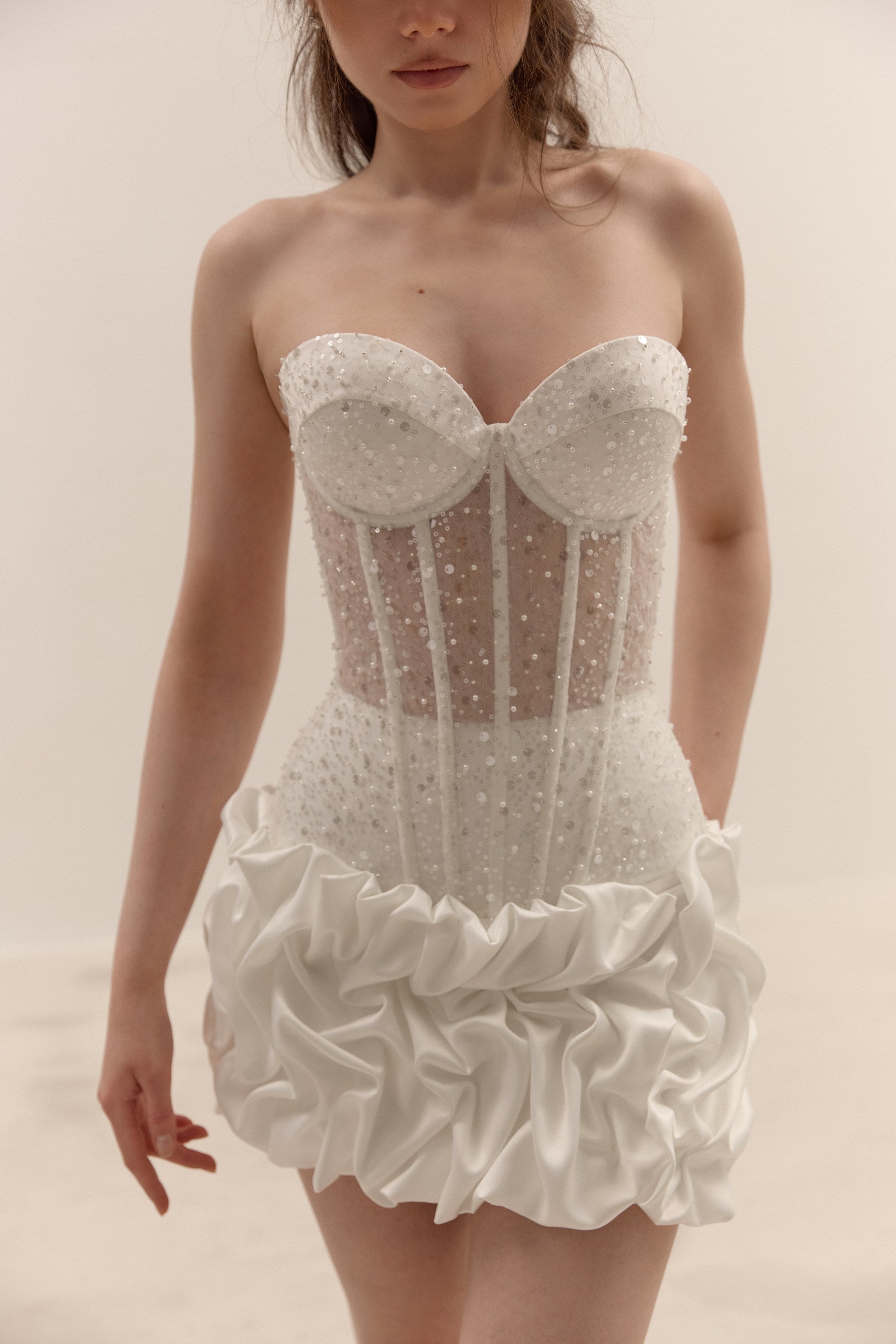 Pearl Corset Mini Dress, Bubble Skirt Bridal Set, Two Piece Wedding Gown, Second Wedding Dress
