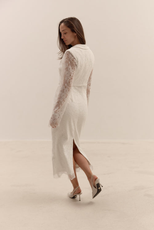 Bridal Two Piece Lace Suit Ivory Wedding Blazer Jacket and Midi Pencil Skirt Set