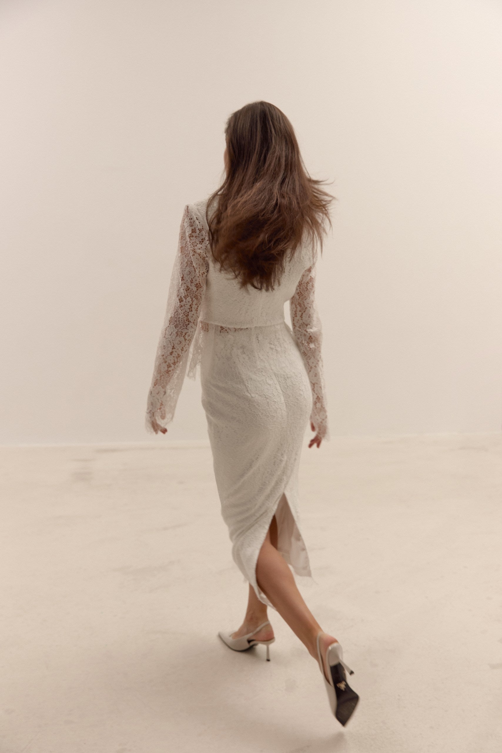 Bridal Two Piece Lace Suit Ivory Wedding Blazer Jacket and Midi Pencil Skirt Set