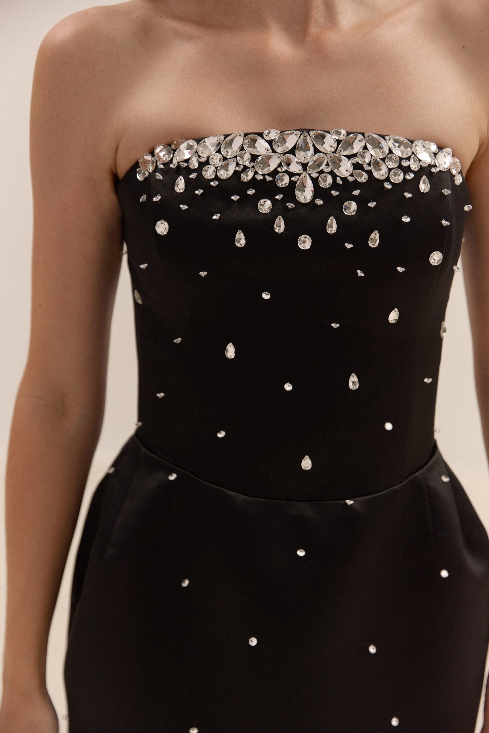 Strapless Little Black Dress Satin Mini Cocktail Gown with Crystal Swarovski Elements