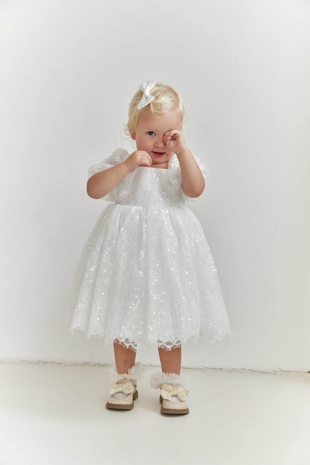 Lace Flower Girl Dress with Puff Sleeves – Baby Girl Wedding Dress, Christening Couture Dress with Button Back | Girls Occasion Dress