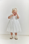 Lace Flower Girl Dress with Puff Sleeves – Baby Girl Wedding Dress, Christening Couture Dress with Button Back | Girls Occasion Dress