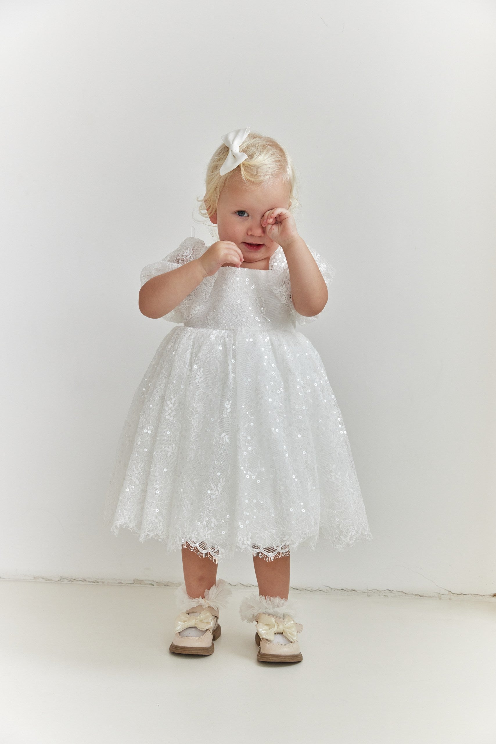 Lace Flower Girl Dress with Puff Sleeves – Baby Girl Wedding Dress, Christening Couture Dress with Button Back | Girls Occasion Dress