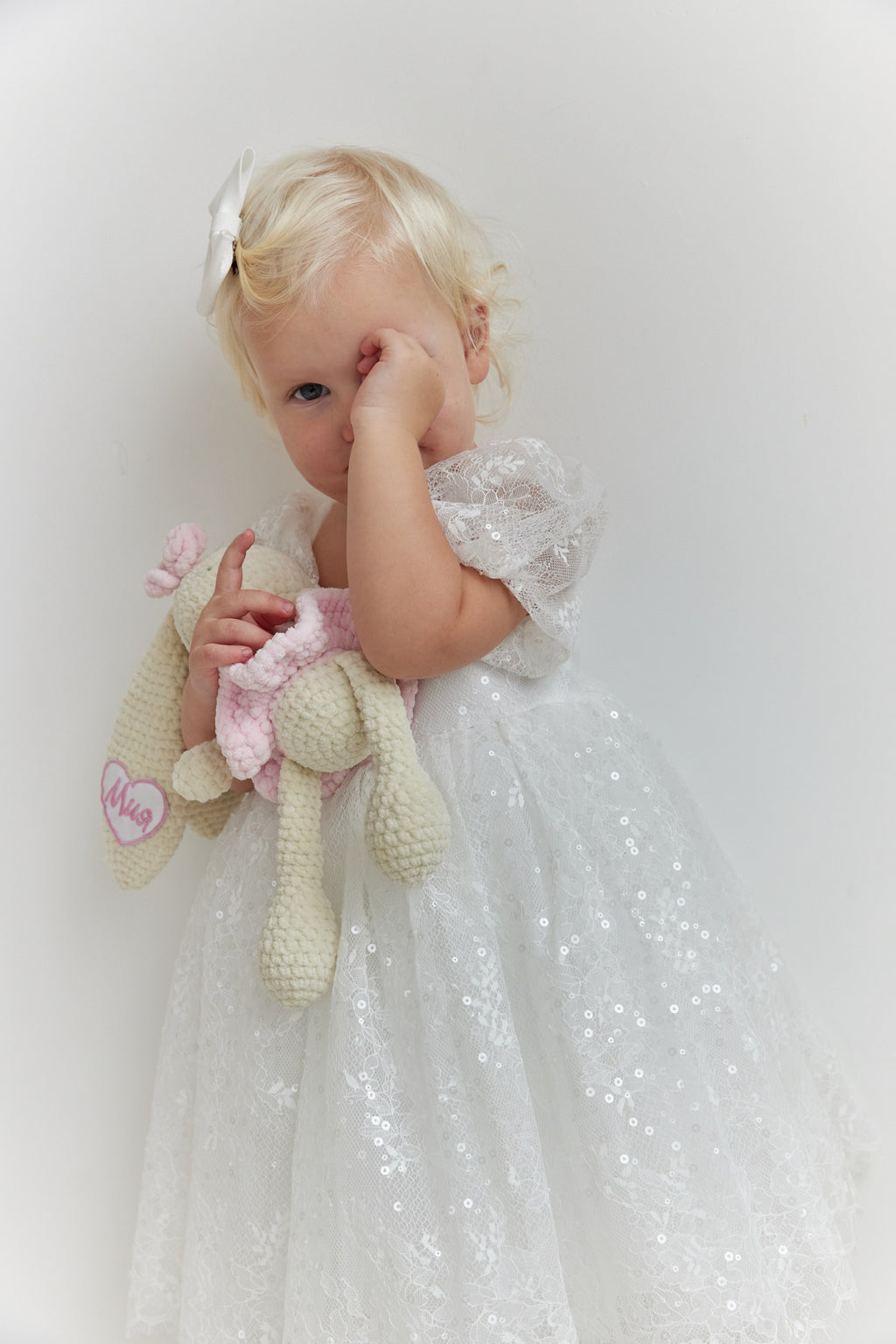 Lace Flower Girl Dress with Puff Sleeves – Baby Girl Wedding Dress, Christening Couture Dress with Button Back | Girls Occasion Dress