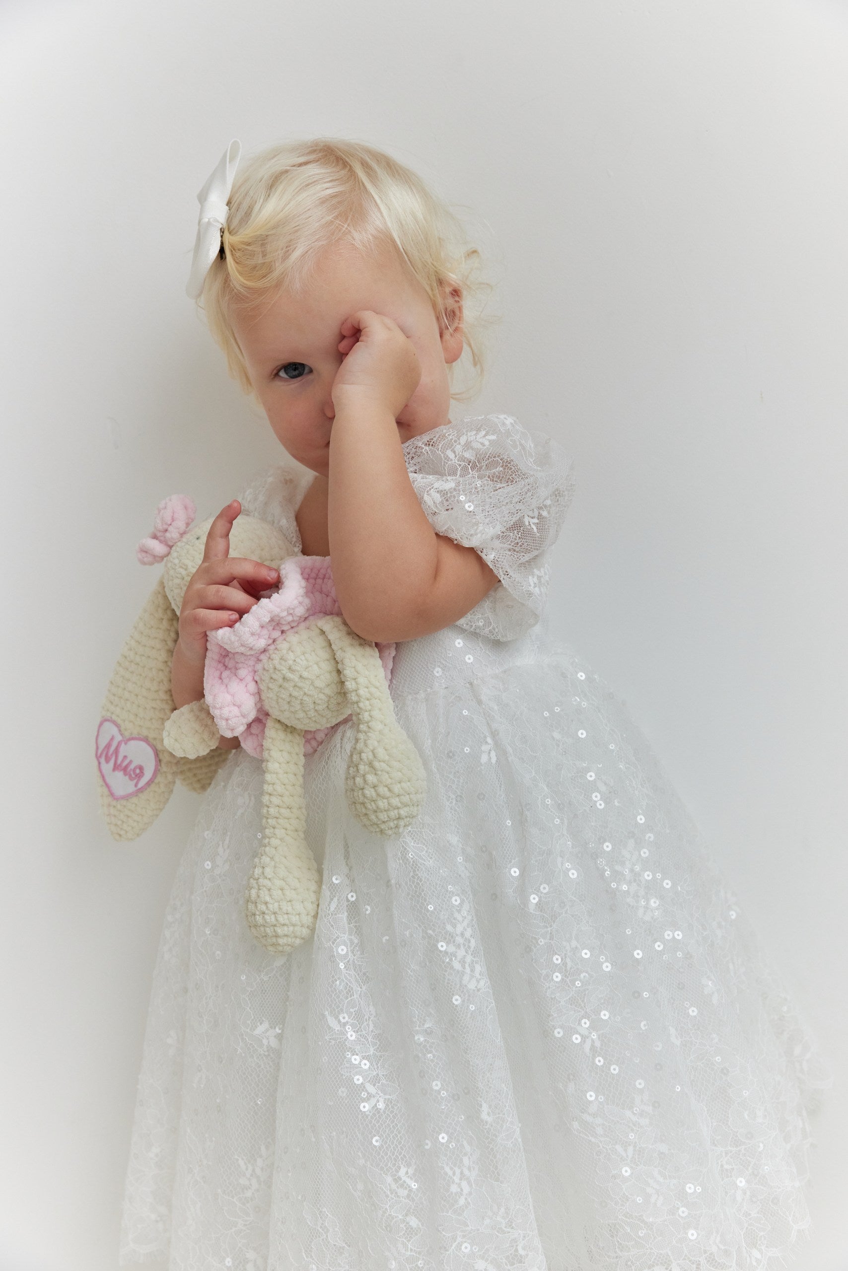 Lace Flower Girl Dress with Puff Sleeves – Baby Girl Wedding Dress, Christening Couture Dress with Button Back | Girls Occasion Dress