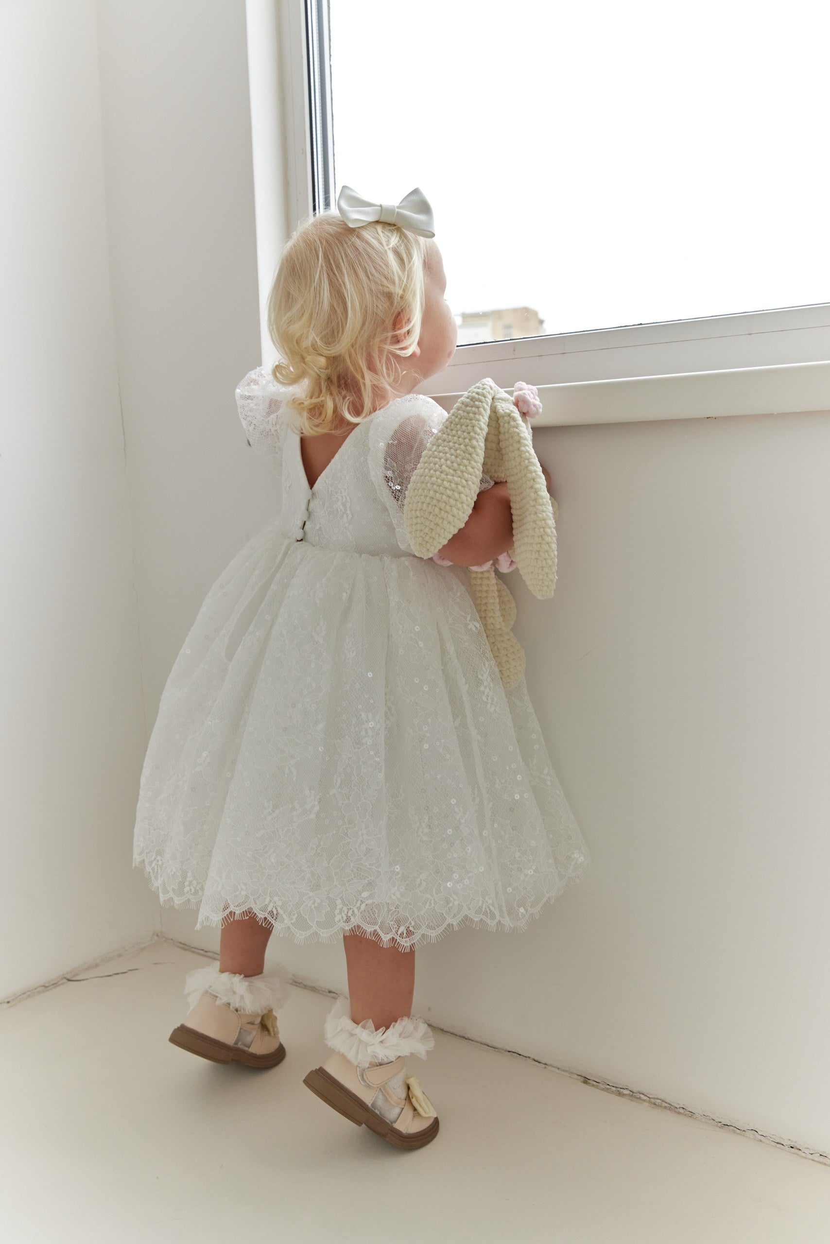 Lace Flower Girl Dress with Puff Sleeves – Baby Girl Wedding Dress, Christening Couture Dress with Button Back | Girls Occasion Dress