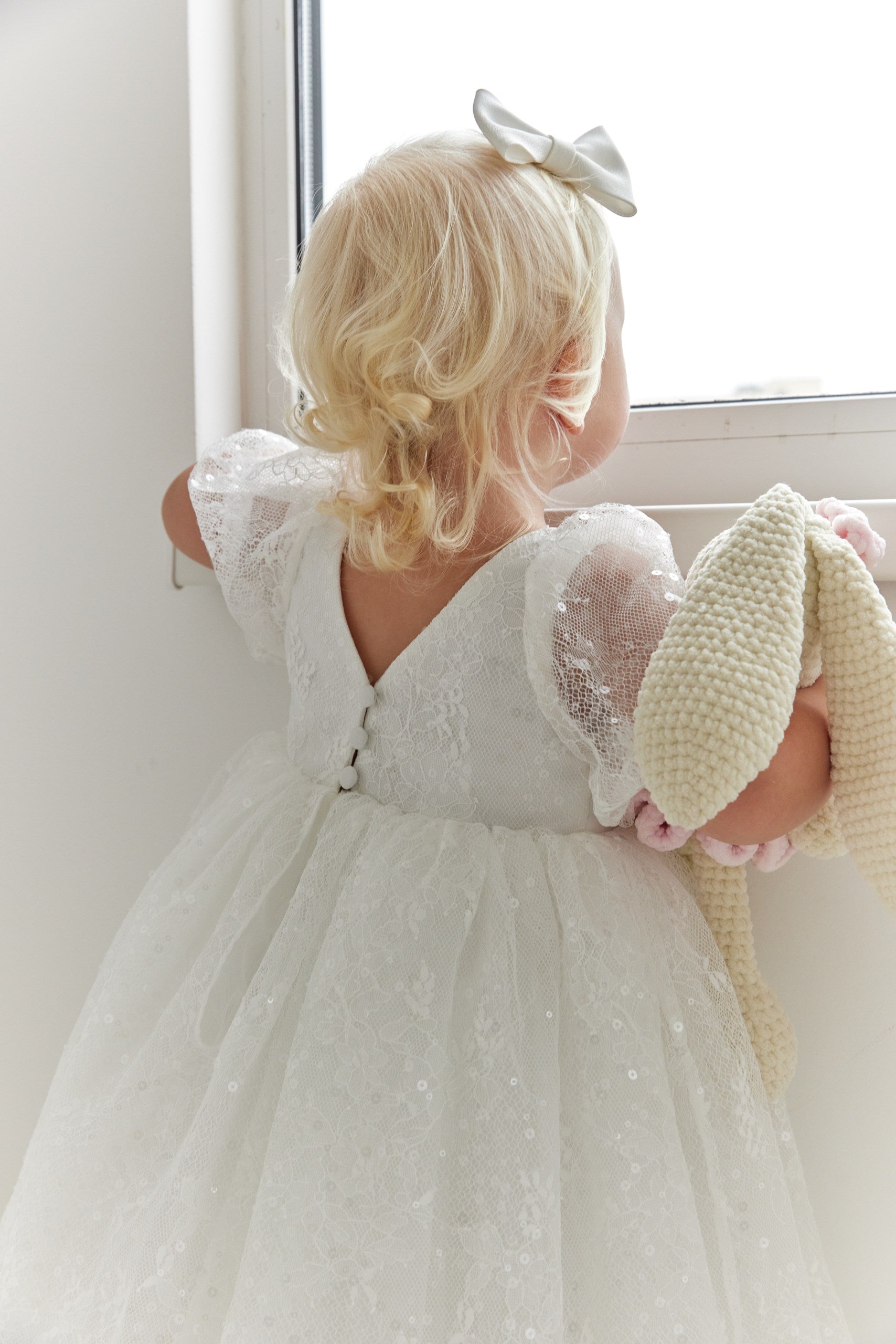Lace Flower Girl Dress with Puff Sleeves – Baby Girl Wedding Dress, Christening Couture Dress with Button Back | Girls Occasion Dress