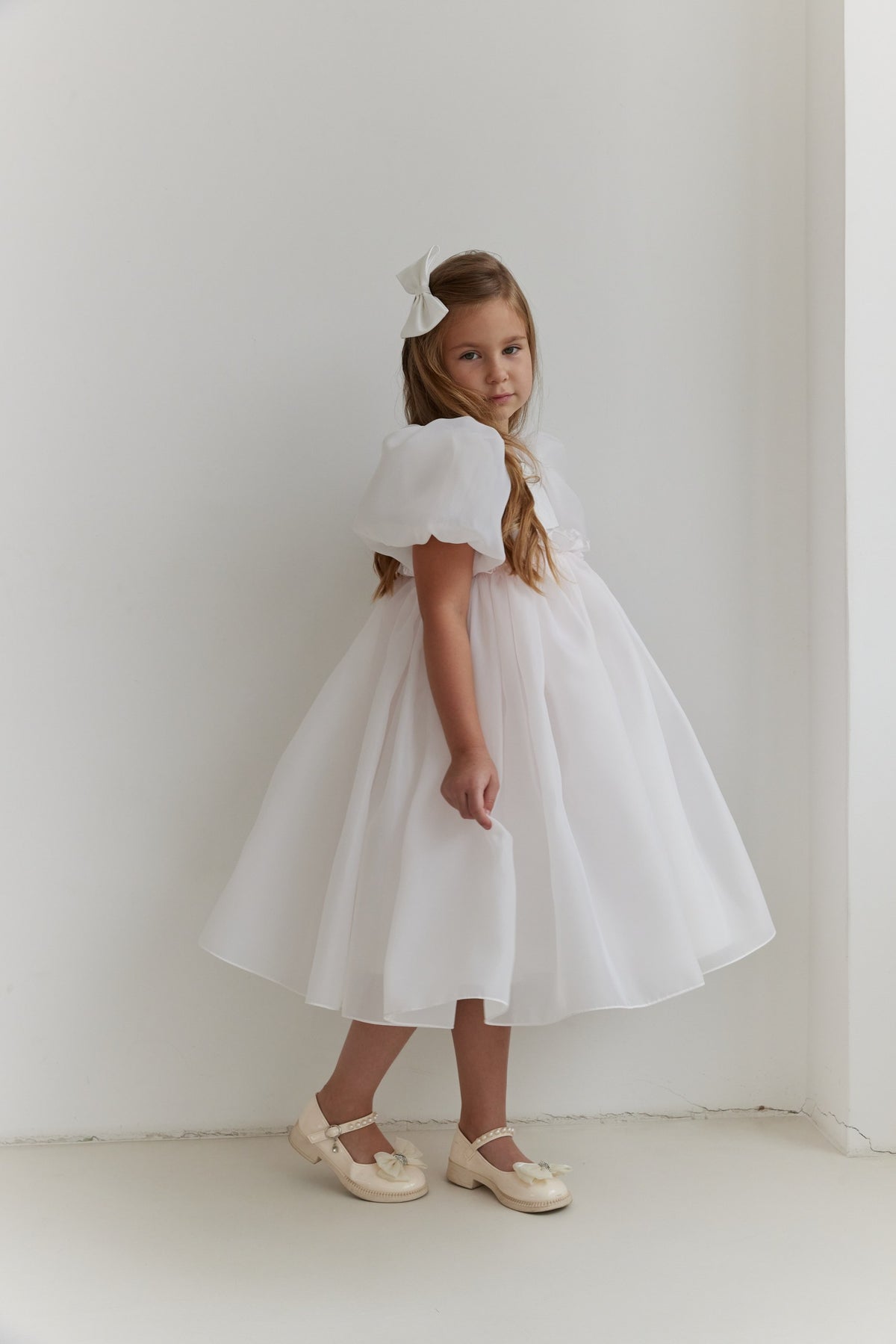 Organza Puff Sleeve Flower Girl Dress White Toddler Baptism Gown with Open V Back